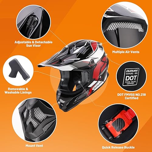 Miniatura 2 de DOT - Casco de motocross para adultos con gafas, guantes y máscara ajustable, visera solar, casco para adultos, todoterreno, motocross, descenso,