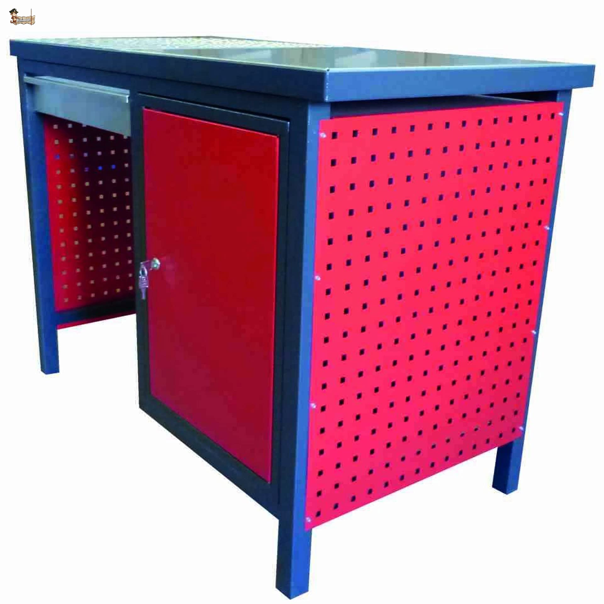 BricoLoco Mesa soldadura metálica perforada de taller. Banco trabajo soldar electrodo, MIG, TIG. Panel portaherramientas y ganchos. Cajón extraíble. Armario almacenamiento con llave.