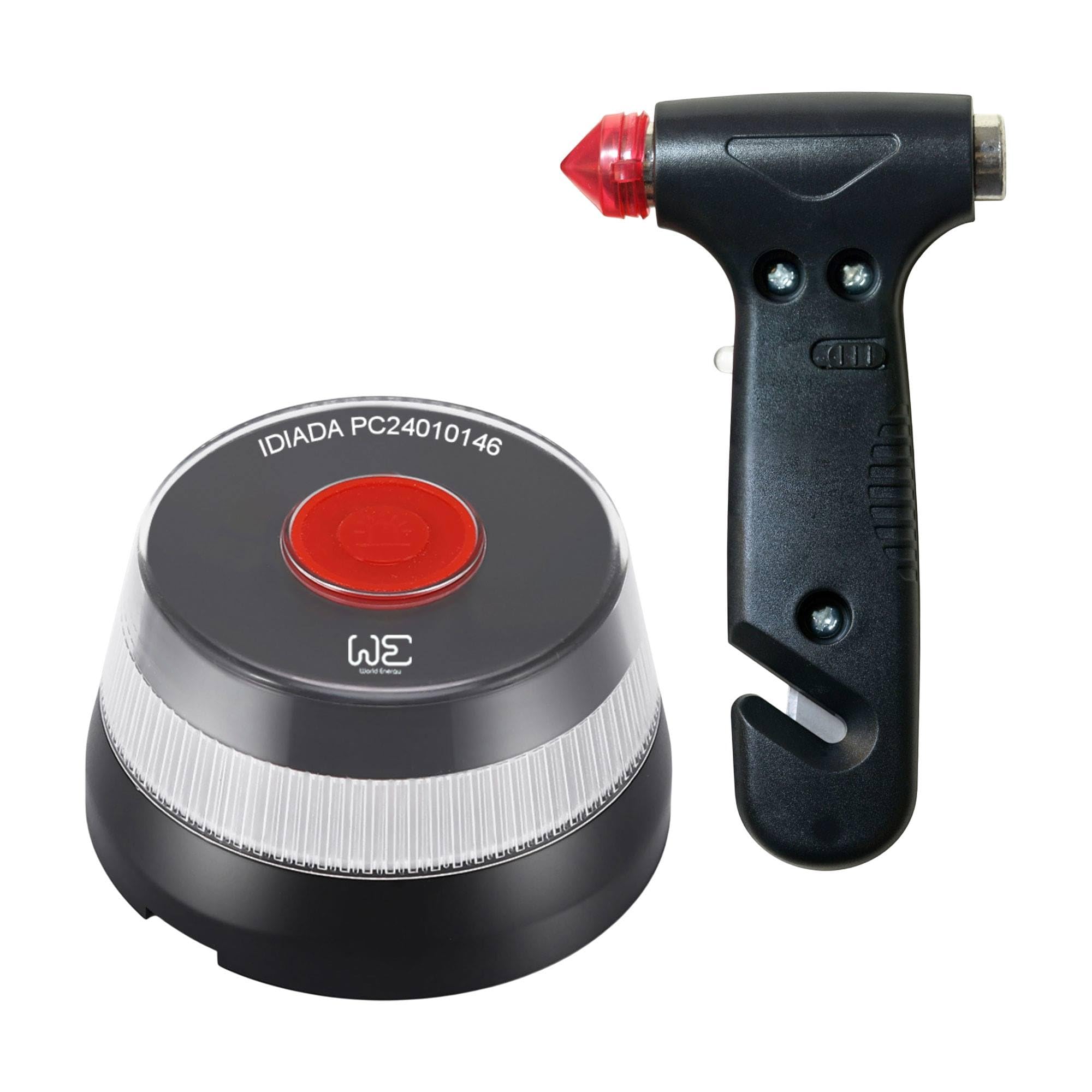 WE Set de Baliza de emergencia V16 geolocalizada y conectada a la DGT 3.0 (Obligatoria) + Martillo de seguridad portátil de emergencia para coche