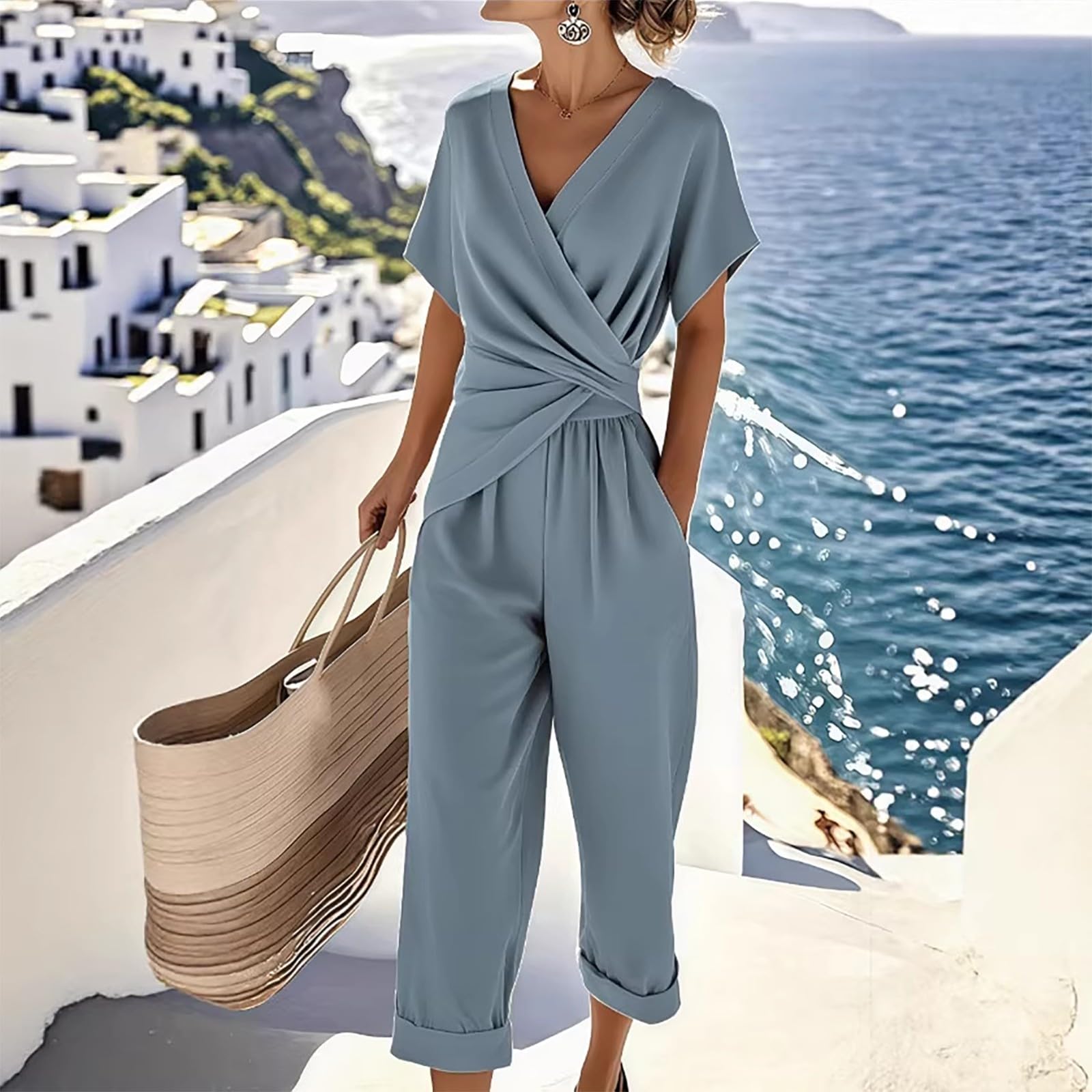 Set Damen Outfit Zweiteiliges Damen-Outfit: Wickeloberteil Mit V-Ausschnitt Und Cropped-Hose, Lässiges - Für Den Festliche Damenmode Hose Oberteil Sommer Sport Fitness 2 Teiler Elegant