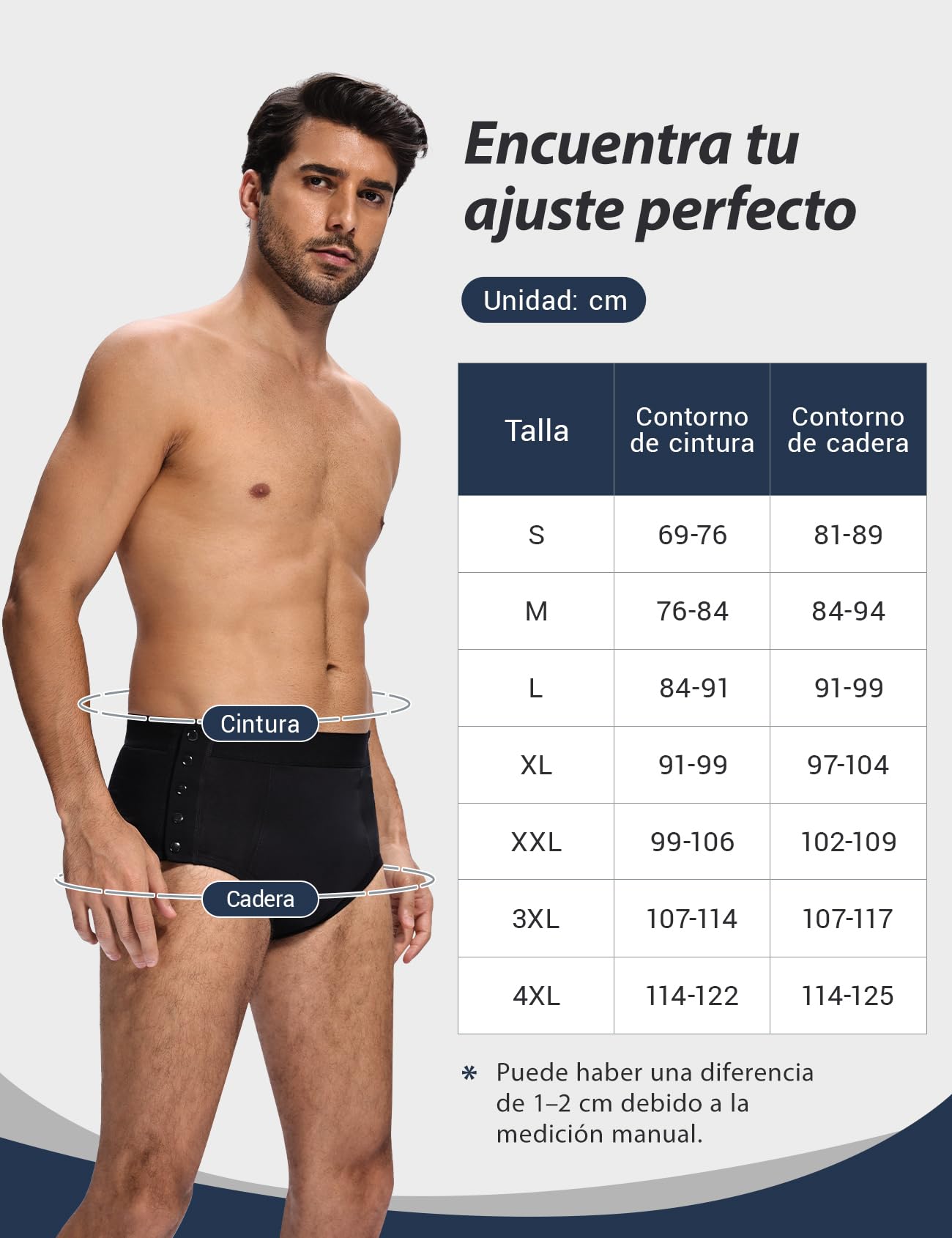 Carer Pack de 3 Slip Incontinencia Hombre 300ml Algodón Botones Laterales | Incontinencia Moderada a Grave Protección Día y Noche Diseño Desmontable Lavable y Reutilizable Color Negro Talla S