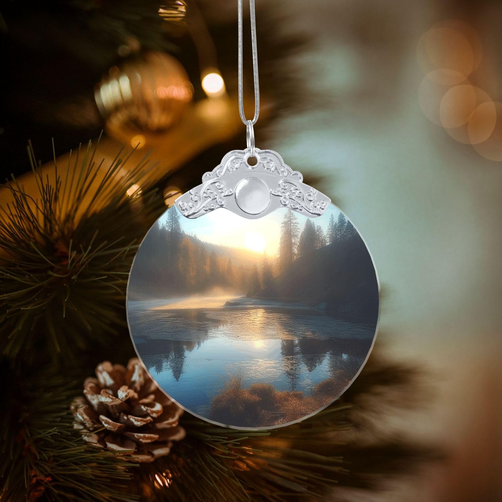 Crystal Christmas Ornaments for Christmas Tree Decoration Hanging Sunrise Over Mountain Forest Lake Ornament with Gold Ribbon Crafts Round Pendant for Keepsake Gifts Glass Xmas Decor Party Supplies