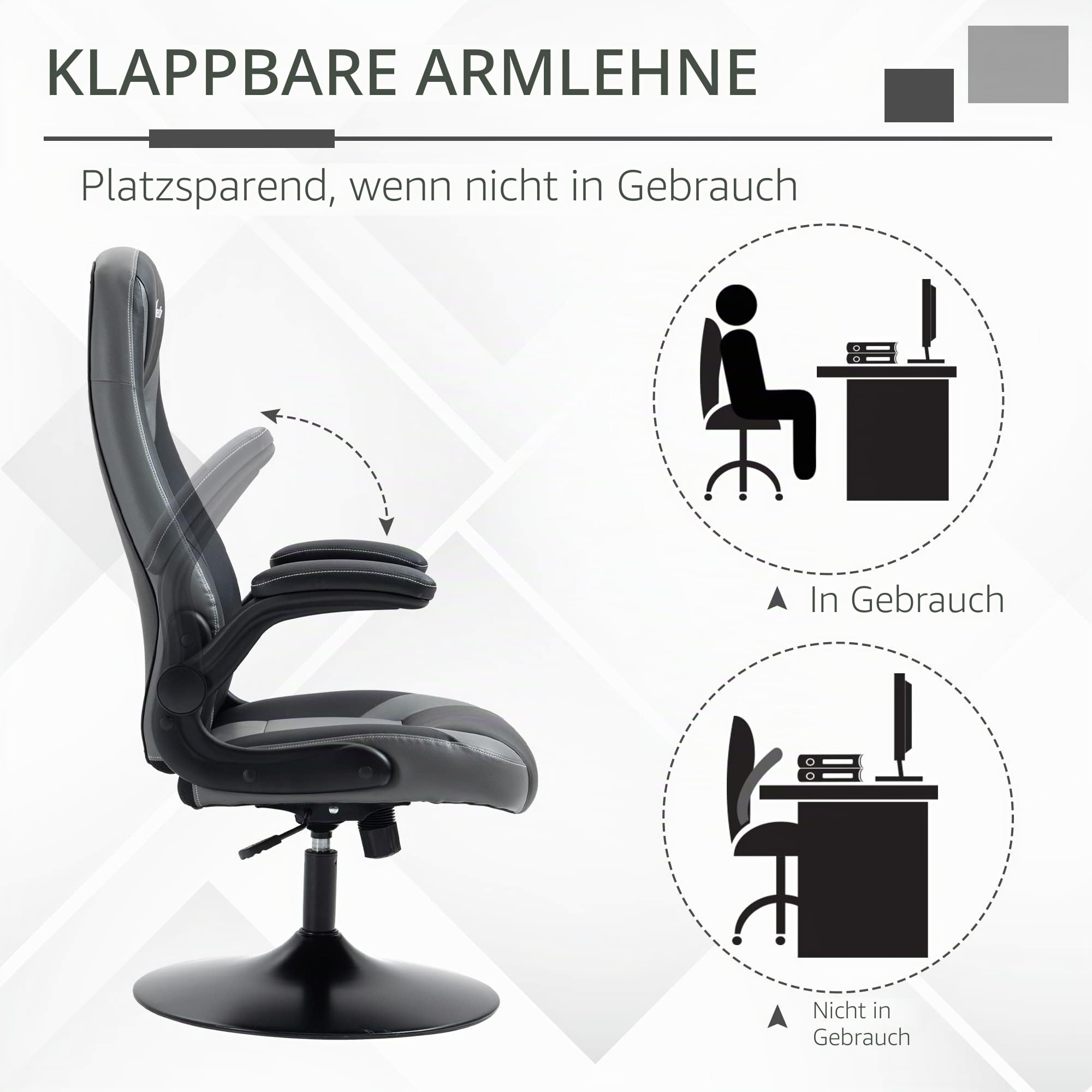 Vinsetto Ergonomischer Gaming-Stuhl mit runder Metallbasis 360° drehbar höhenverstellbar Kopfstütze hochklappbare Armlehnen PVC grau schwarz