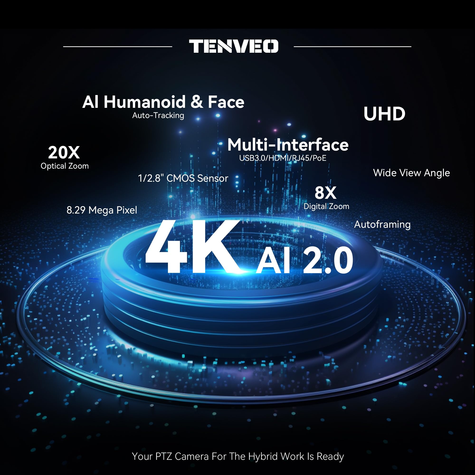 Tenveo 4K PTZ Kamera AI Humanoid & Gesicht Auto-Tracking 20X Optical PTZ Controller mit Joystick
