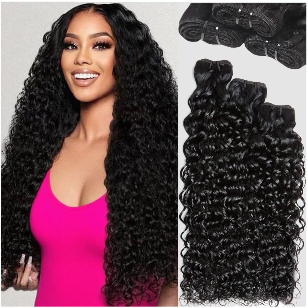 12A Human Hair Bundles 18 20 22 Inch Water Wave Bundles Human Hair 100% Unprocessed Brazilian Virgin Hair Wet and Wavy Curly Bundle Full and Thick Natural Black