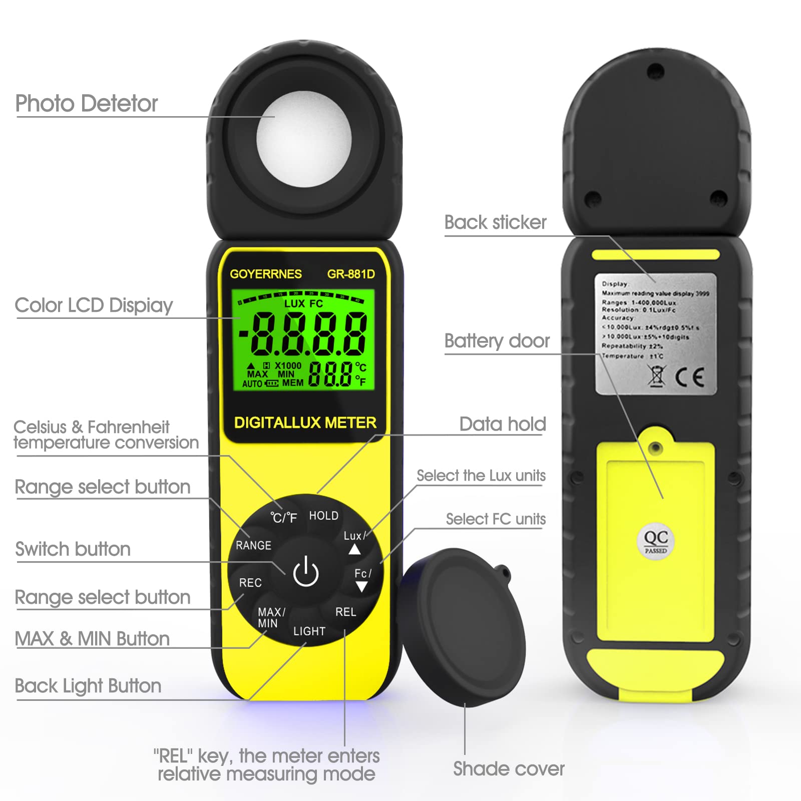 Misuratore di luce Misuratore di illuminamento digitale 0~400.000 Lux Fotometro di illuminazione GR-881D Misuratore di Lux portatile con misurazione della luminosità dell'intensità della temperatura.