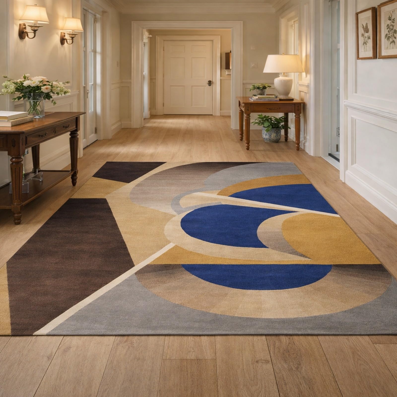 Tapis de salon facile à nettoyer à poils ras bleu et beige moderne