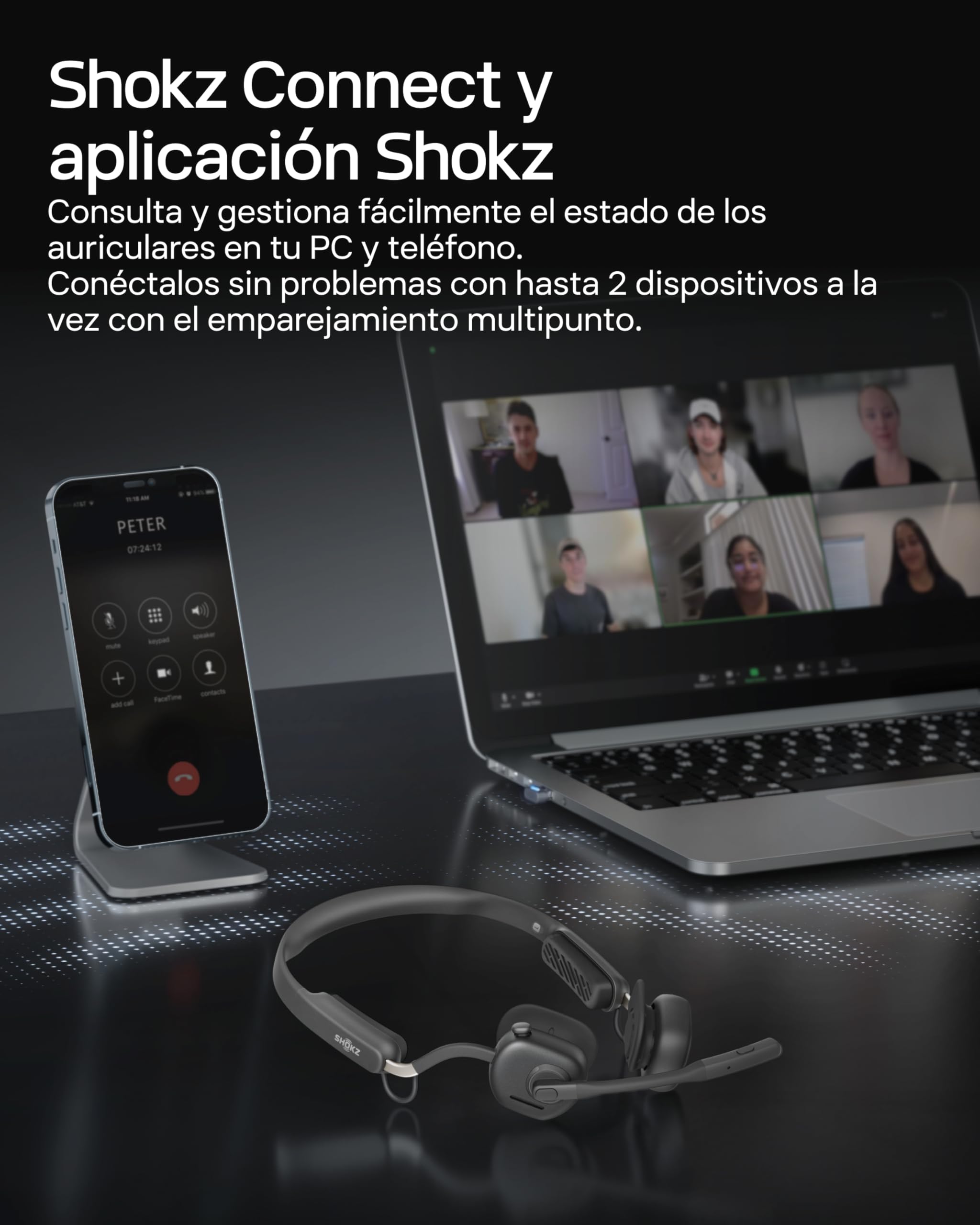 SHOKZ Auriculares de conducción ósea OpenMeet UC, Open-Ear, Adaptador USB-A | Mics. con Cancelación Ruido | Bluetooth 5.4 | 15h duración | Carga rápida | sin Cables | para Trabajo, Llamadas, reuniones