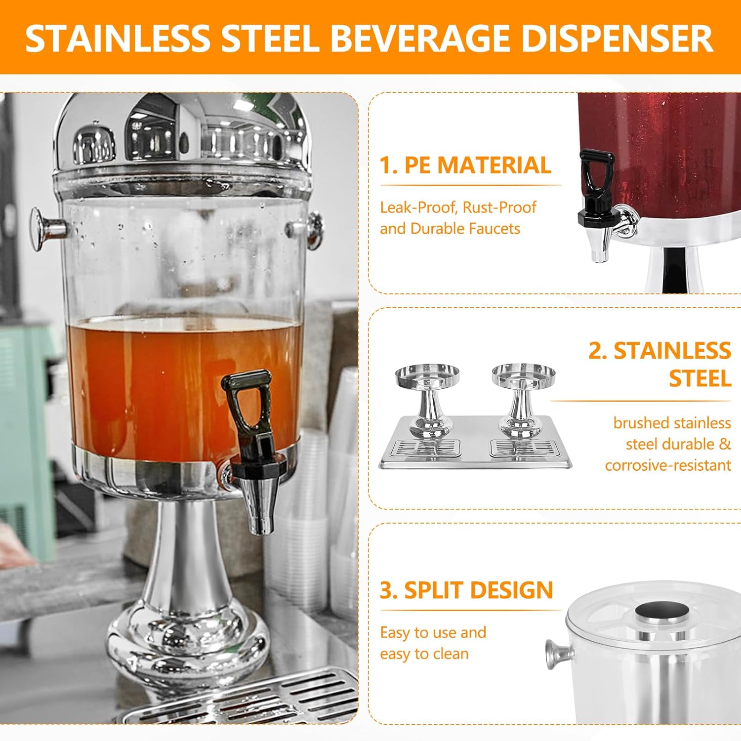 Drink Dispenser with Stand, 4.2 Gallon Beverage Dispenser for Parties, Stainless Steel Dual-Head Juice Dispenser with Centre Ice Core and Drip Trays for Parties, Buffet Cafeterias, Homes - Image 7