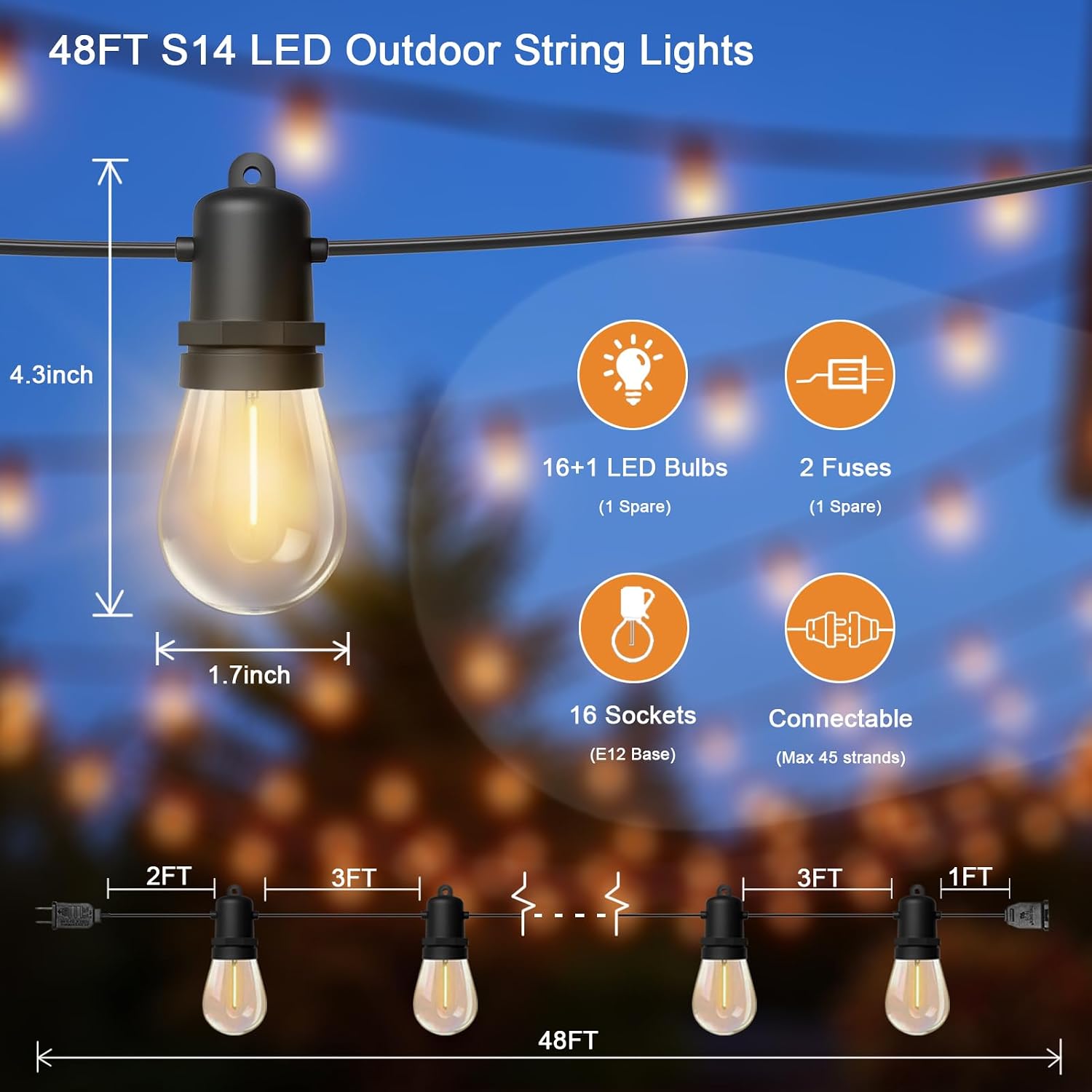 48FT Waterproof Commercial - Grade Outdoor String Lights - 16 Dimmable Warm White Bulbs, Ideal for Patio, Wedding & Garden Decor
