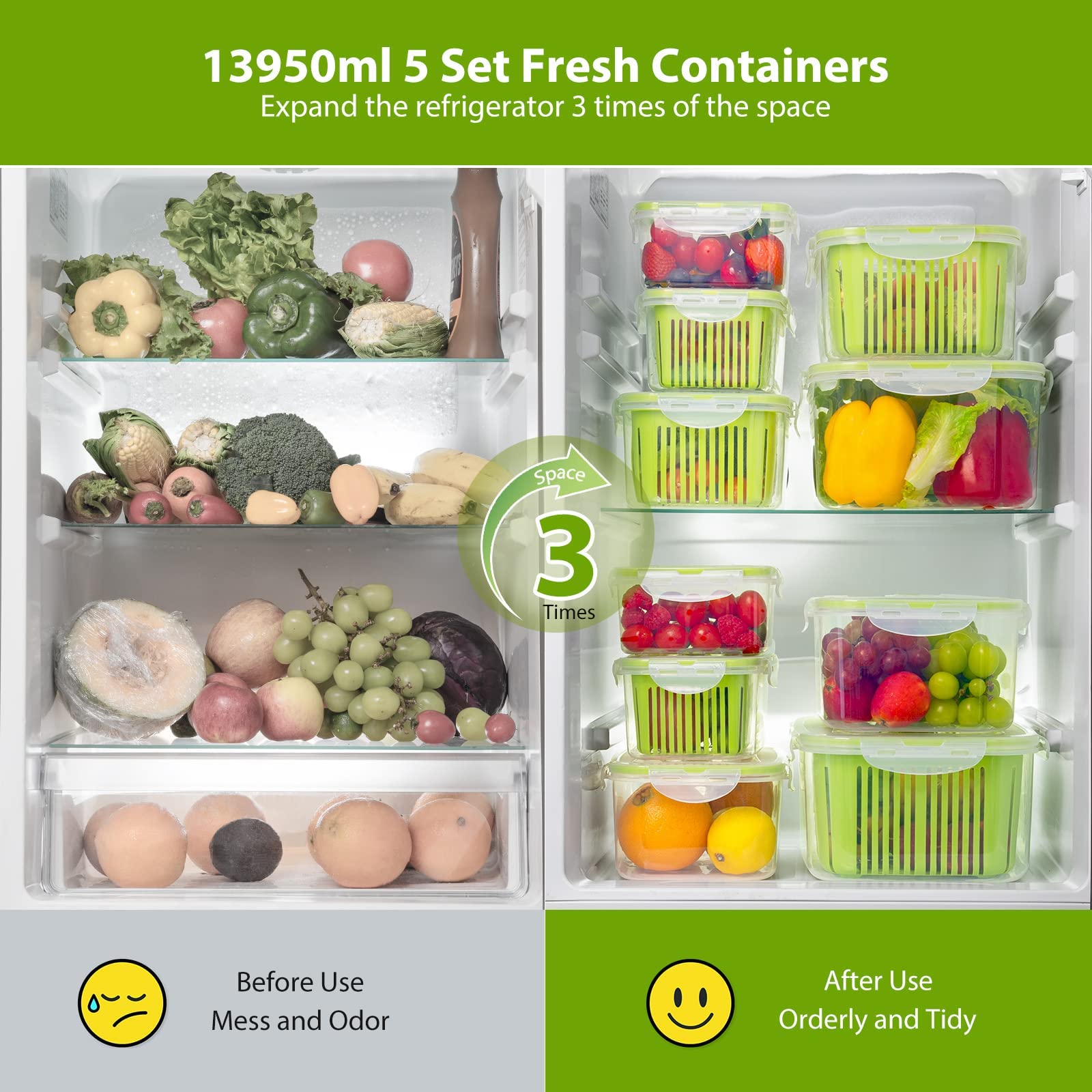 Luxear Set di 5 Contenitori Frigorifero con Scolapasta e Coperchio, Verde | Contenitore Plastica Senza BPA per Alimenti Freschi Insalata Verdura Frutta Formaggio, Adatto al Microonde e Lavastoviglie