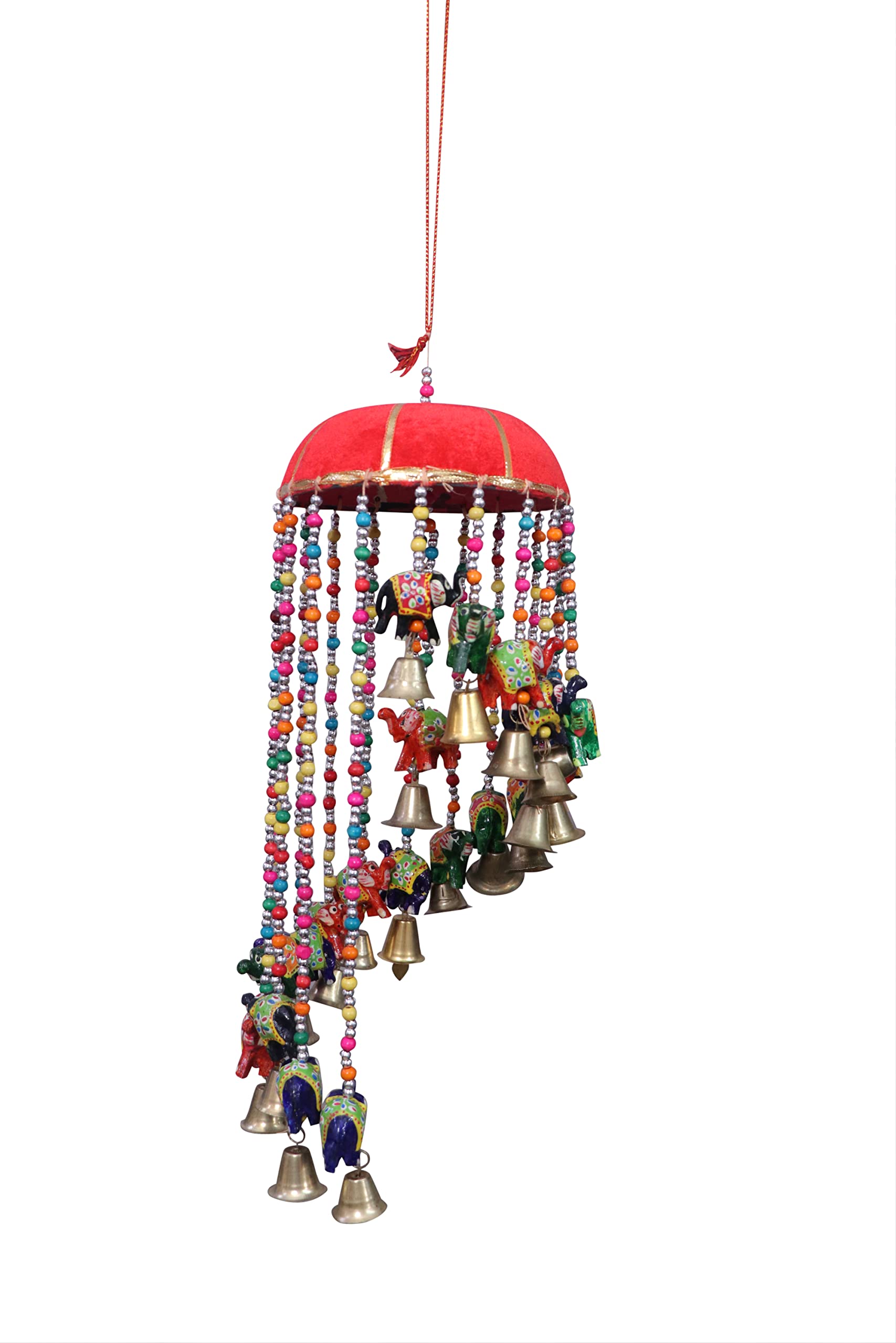 Superv Gold Rajasthani Handicrafts Multicolor Home & Room Decorative Elephant Chattar Chandler Umbrella String Wall & Door Hangings with Beads & Brass Bell for Home Decoration & Gifting Purpose