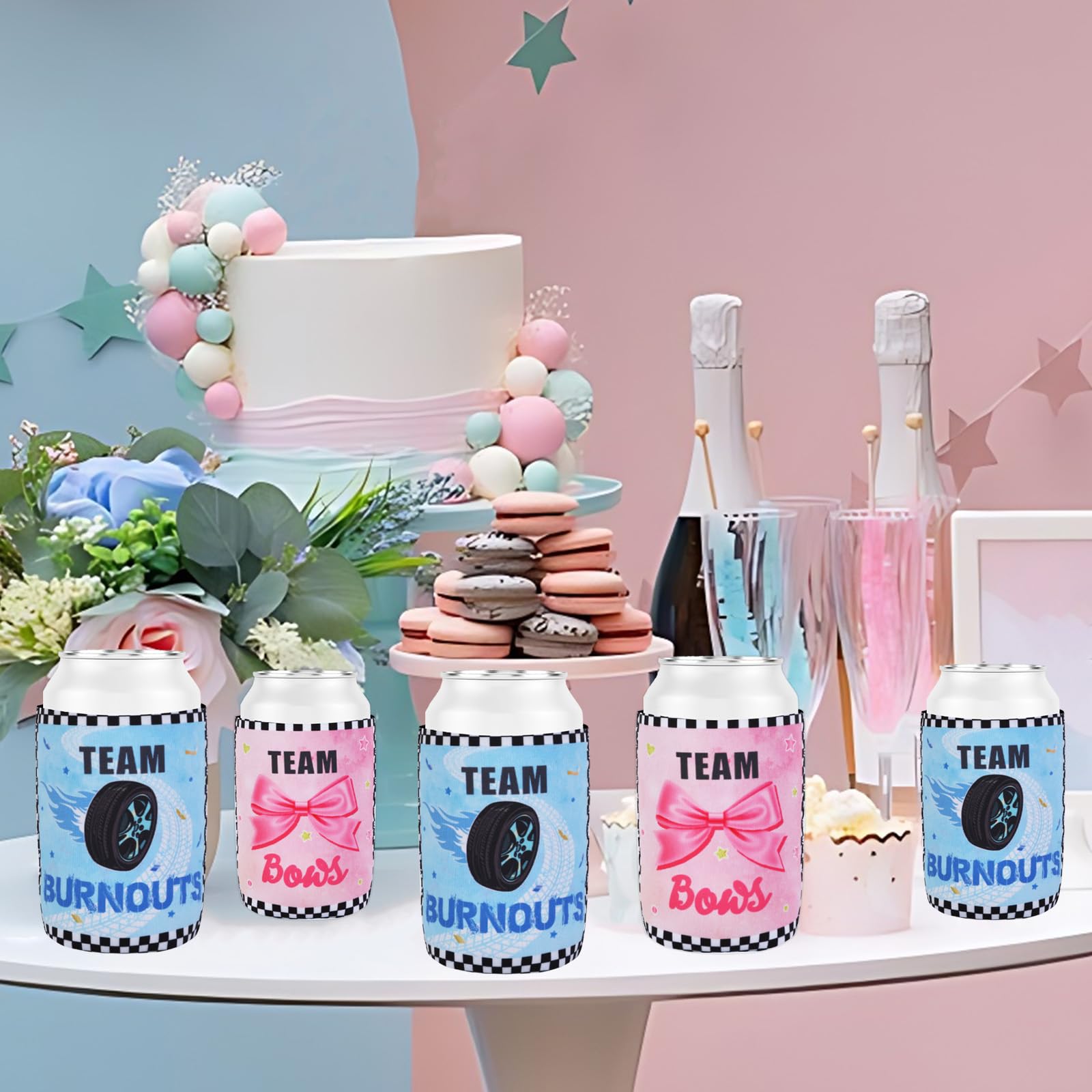Serencatcher Lot de 24 nœuds pour révéler le sexe des canettes - Glacières d'équipe Burnouts - Manchon rose bleu pour garçons ou filles - Décorations de fête