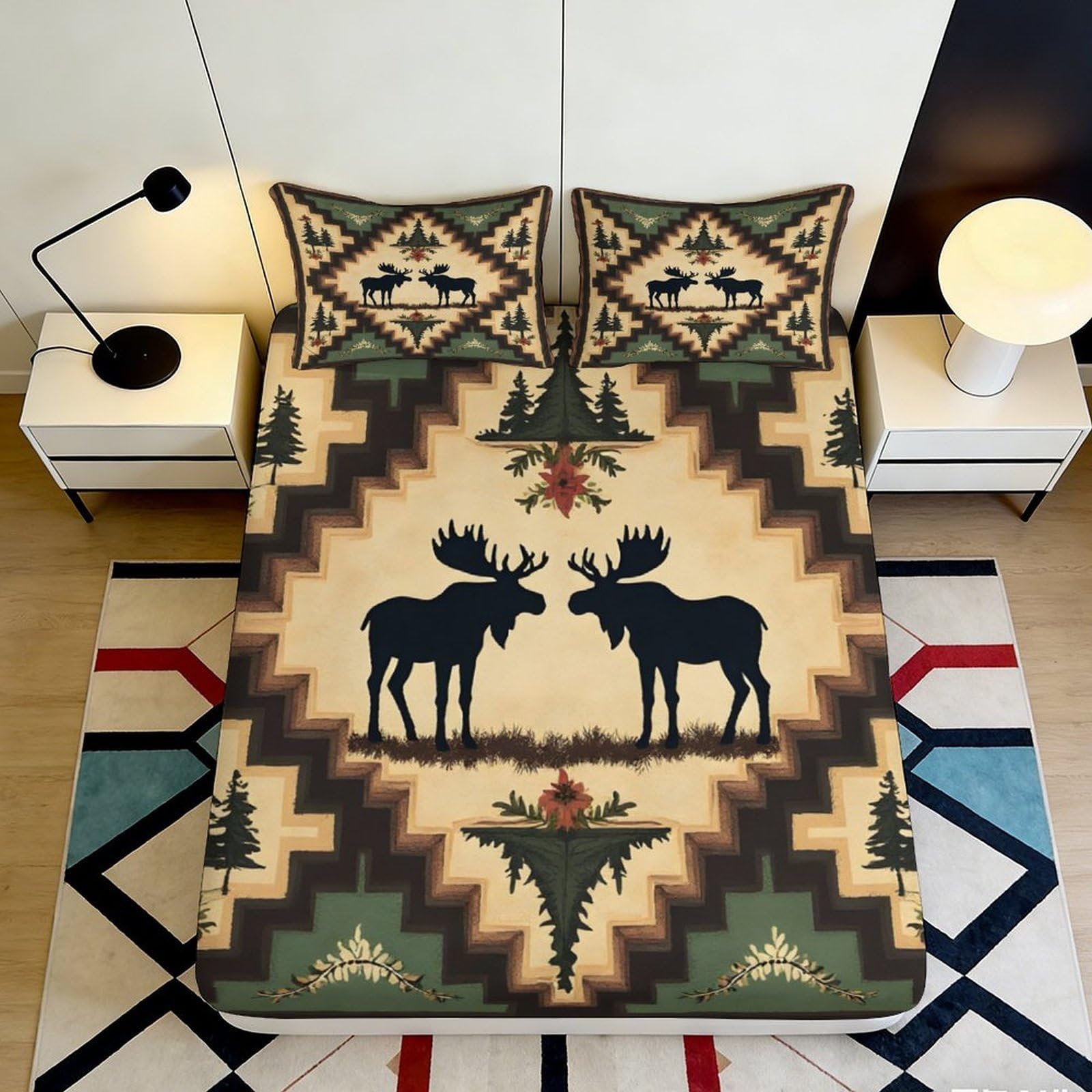 Jqzkxnhpbr Style-10 3D Printed Rustic Moose Fitted Sheet Microfiber Soft Breathable Forest Tribal Mattress Cover Bedroom Decor 90X200x25cm