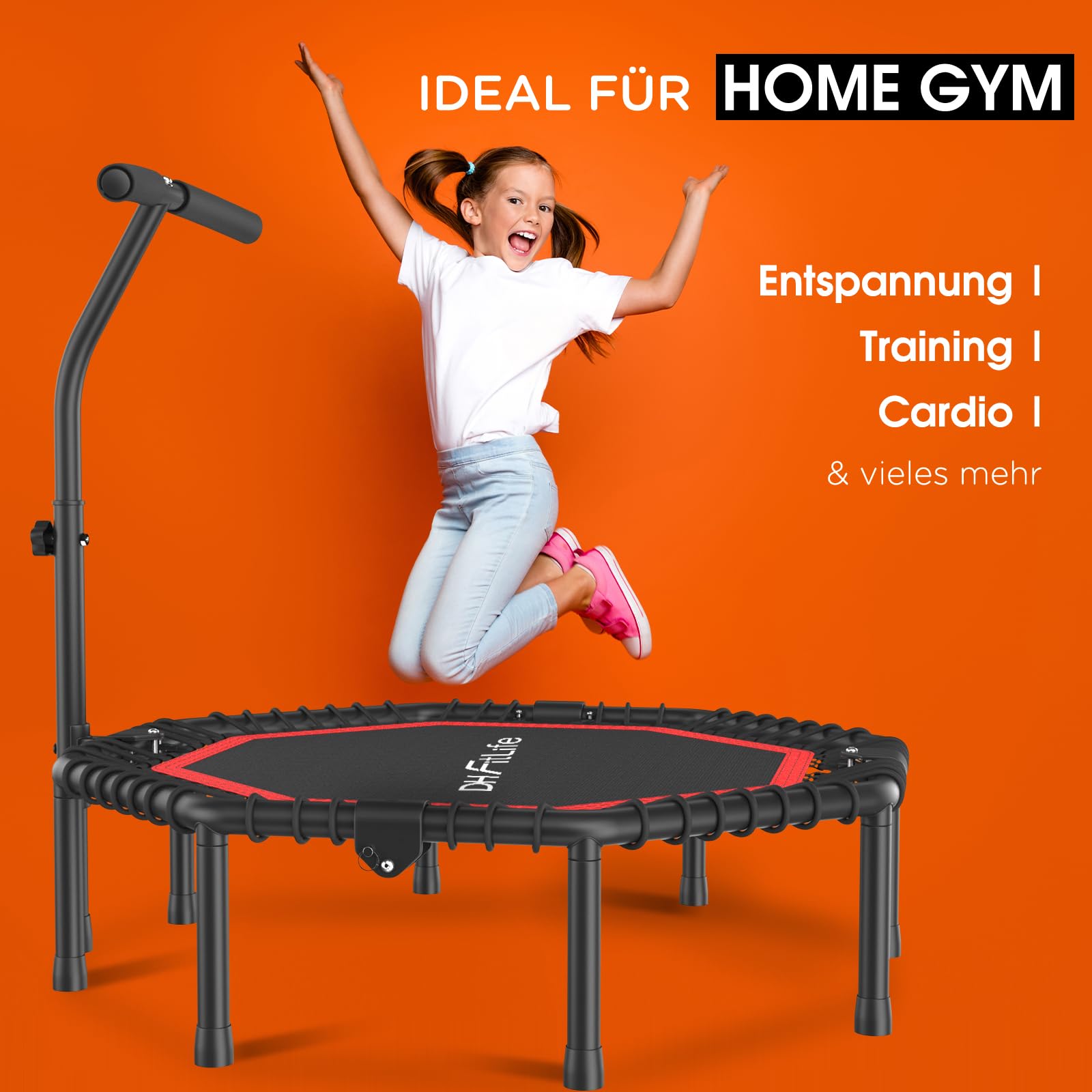 DH FitLife Fitness Trampolin klappbar Leise Gummiseilfederung ohne Installation | 45/50 Zoll Trampoline für Indoor & Outdoor Jumping | 115/128cm mit 3 verstellbaren Handgriffstufen