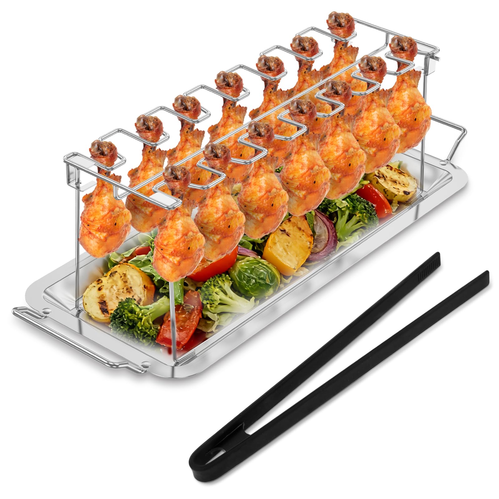 Chicken Leg Rack for Grill,14 Slots BBQ Chicken Drumsticks Holder,Stainless Steel Chickens Wing Rack with Silicone Tong,Grill Racks Roaster Stand for Smoker, Oven, Charcoal,BBQ Accessories