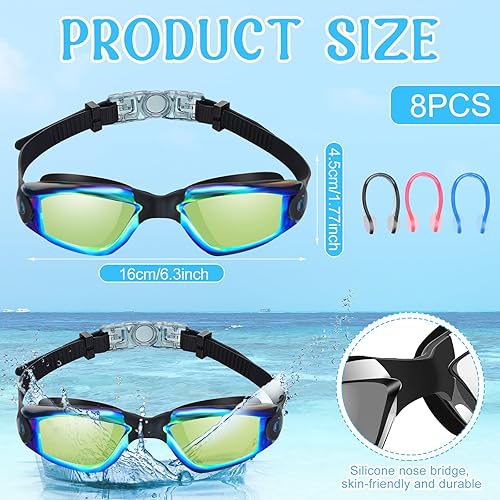 Miniatura 2 de Konohan Paquete de 8 gafas de natación sin fugas para adultos, protección UV, gafas de piscina con clip para la nariz Color novedoso,Bright