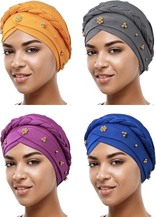 4 Pieces African Women Turban Cap Beaded Headscarf Beanie Twisted Braid Wrap Hat Faux Pearl Headwrap