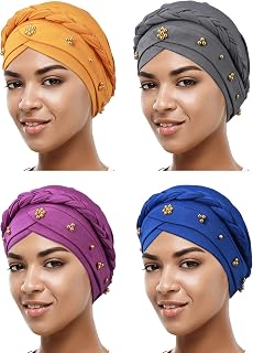 4 Pieces African Women Turban Cap Beaded Headscarf Beanie Twisted Braid Wrap Hat Faux Pearl Headwrap