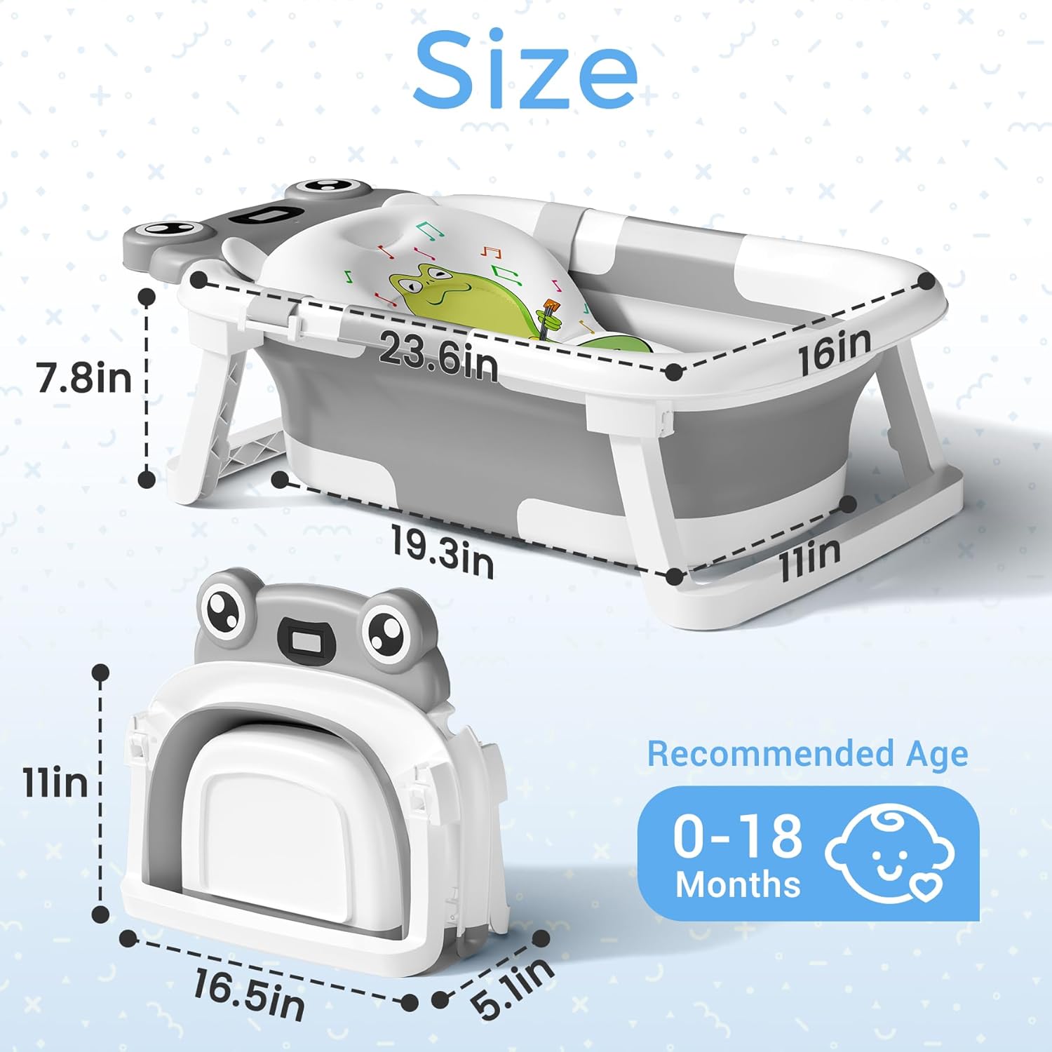 Baby Bathtub, Collapsible Newborn Bathtub for Infant to Toddler 0-24 Months with Soft Cushion and Thermometer,Portable Travel Newborn Tub with No-Slip Feet, Baby Shower Gifts,Grey