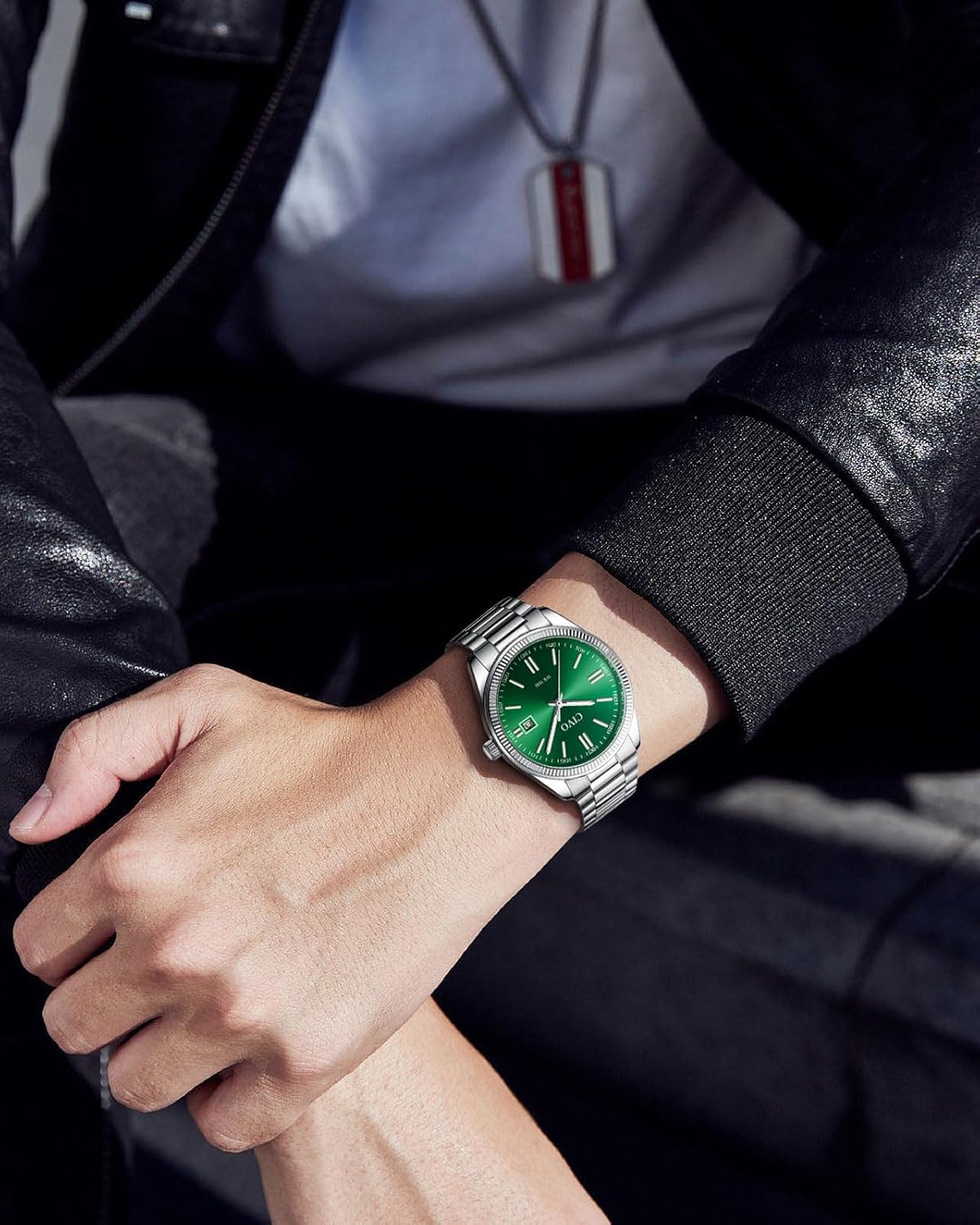 CIVO Analog Mens Watches Silver: Wrist Watches with Date Easy to Read - Dress Stainless Steel Watch for Men Gifts for Husband Father at Birthday Anniversary Silver Green S1 image 8 of 8 B0F2455P5N