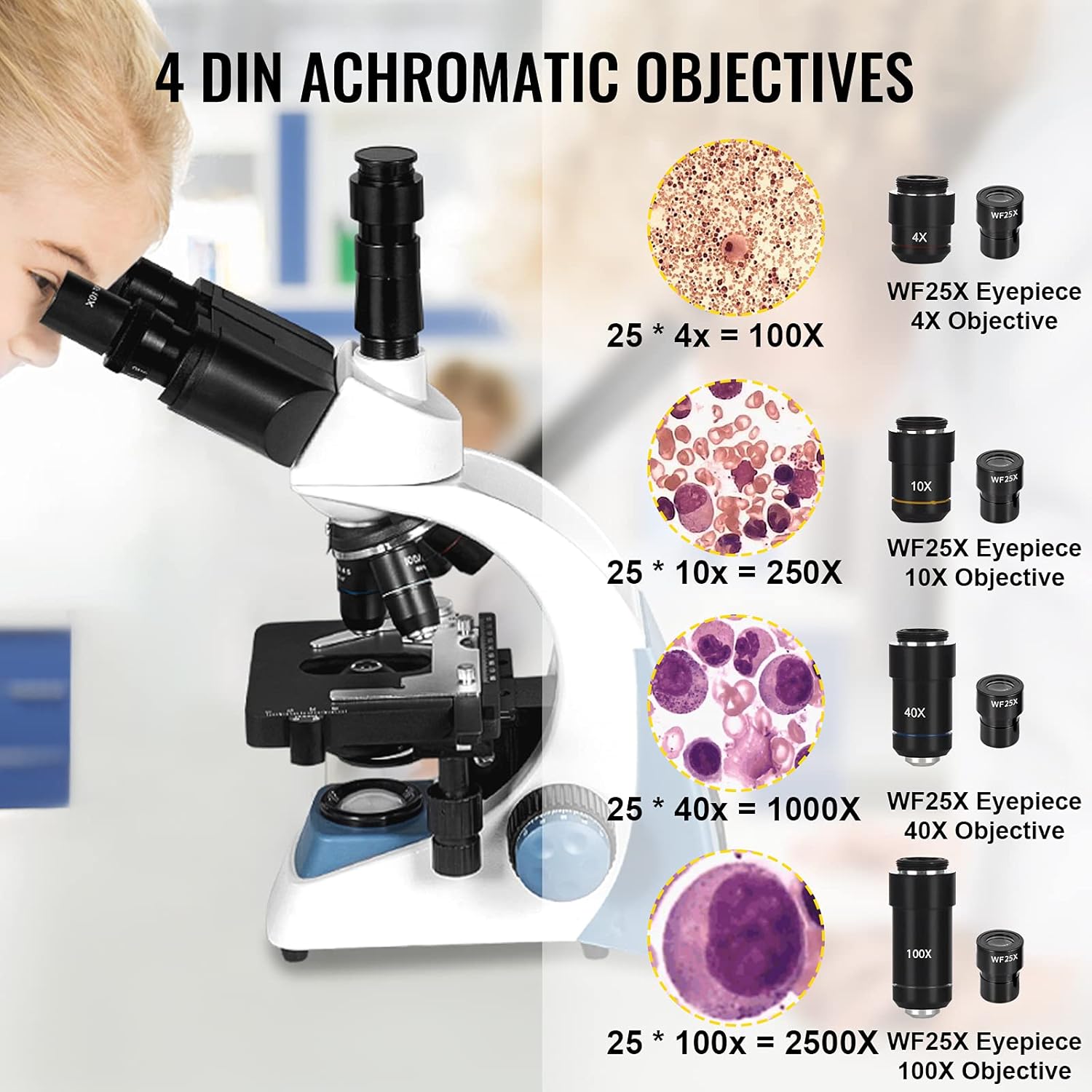 Happybuy Trinocular Compound Microscope 40X-2500X Magnification Digital Compound Microscope WF10X & WF25X Eyepieces Compound Light Microscope LED Light Abbe Condenser Siedentopf Head, Mechanical Stage