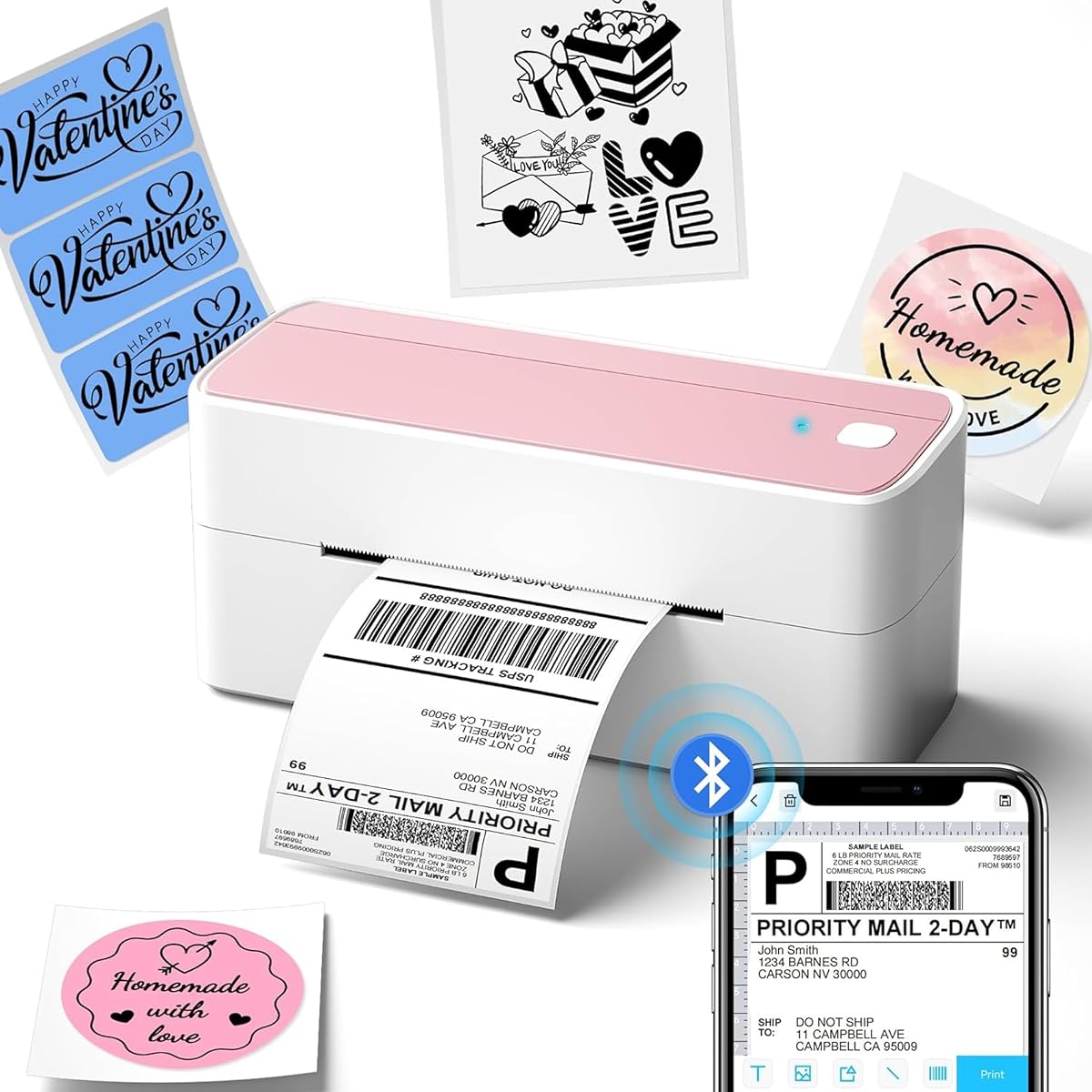 Bluetooth Thermal Label Printer, 241BT 4X6 Shipping Label Printer | Wireless Label Printer for Small Business and Shipping Package, Compatible with iPhone, Android, Shopify, Amazon, USPS, Pink