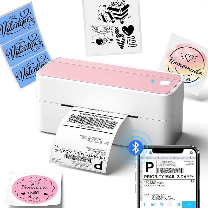 Bluetooth Thermal Label Printer, 241BT 4X6 Shipping Label Printer | Wireless Label Printer for Small Business and Shipping Package, Compatible with iPhone, Android, Shopify, Amazon, USPS, Pink