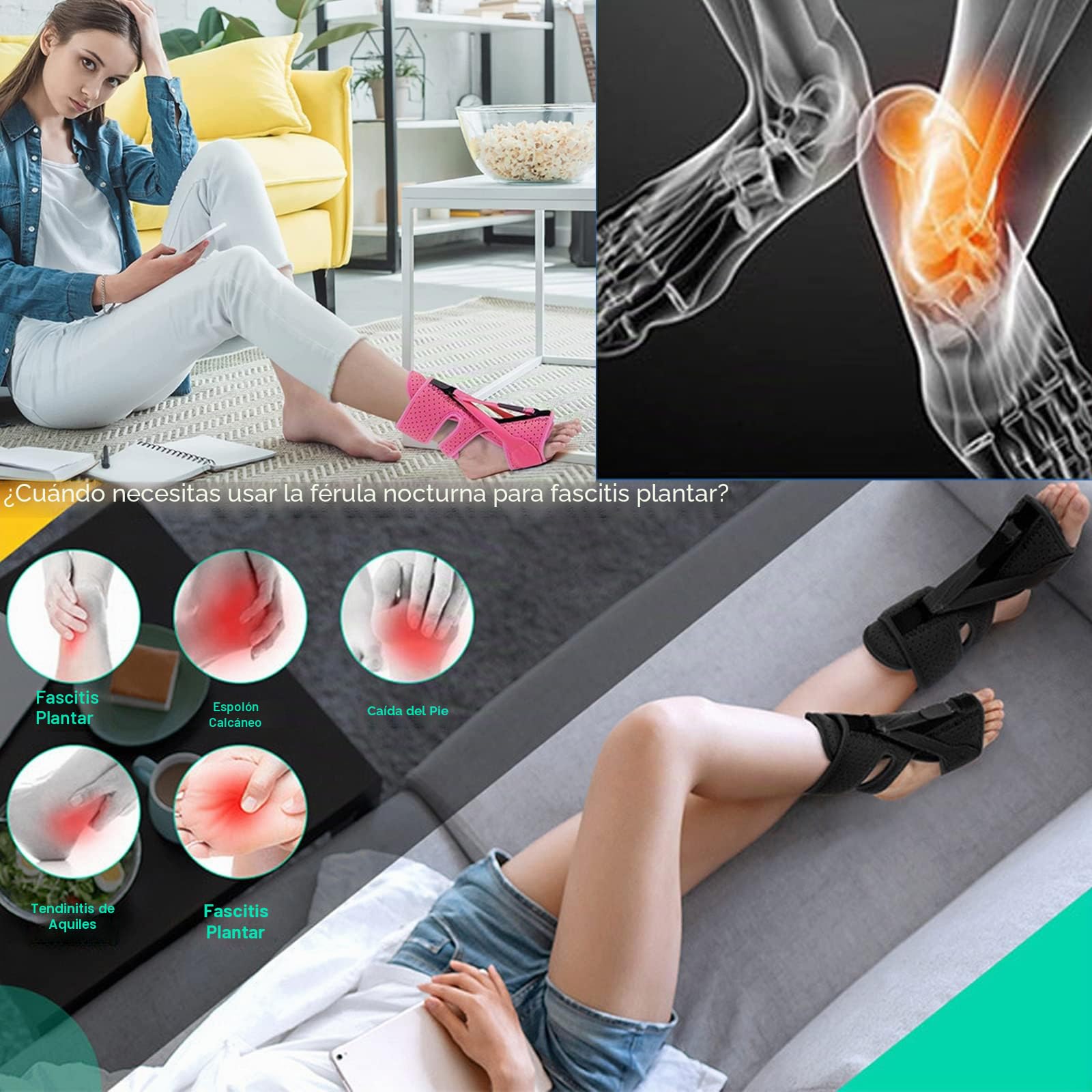 Férula Nocturna Para Fascitis Plantar - Nuevo Soporte Ajustable Y Transpirable Para Fascitis Plantar, Para Tendinitis De Aquiles, Caída Del Pie, Problemas En El Talón Del Tobillo (Negro)