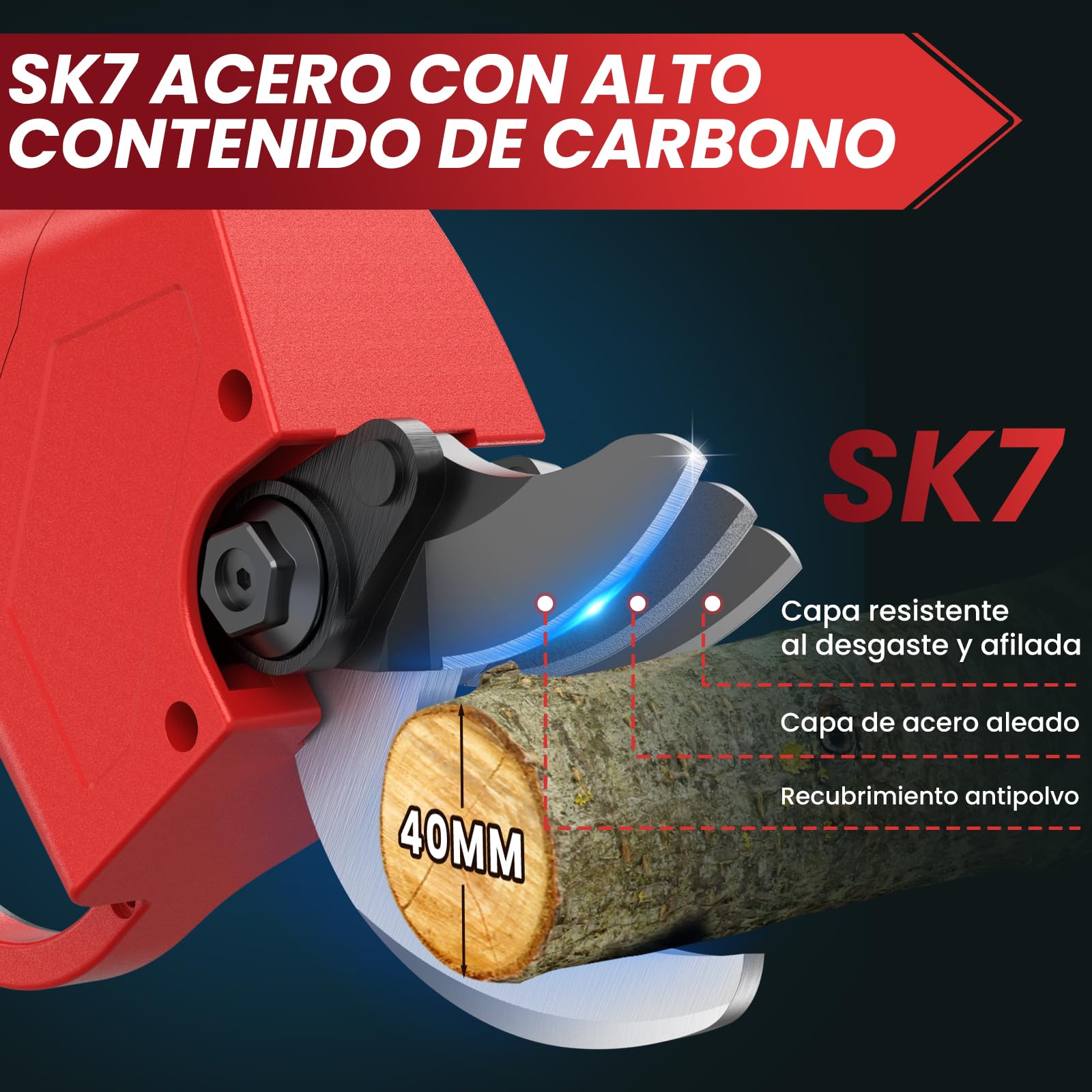 Tijeras de Podar Eléctricas, 40mm Tijeras de Podar Bateria Hoja SK7, Potentes 800W Motor Sin Escobillas, 2 Baterías 2000mAh 21V, 6-8H de Autonomía, Ligera y Mano Única, para Árboles Frutales,Viñas