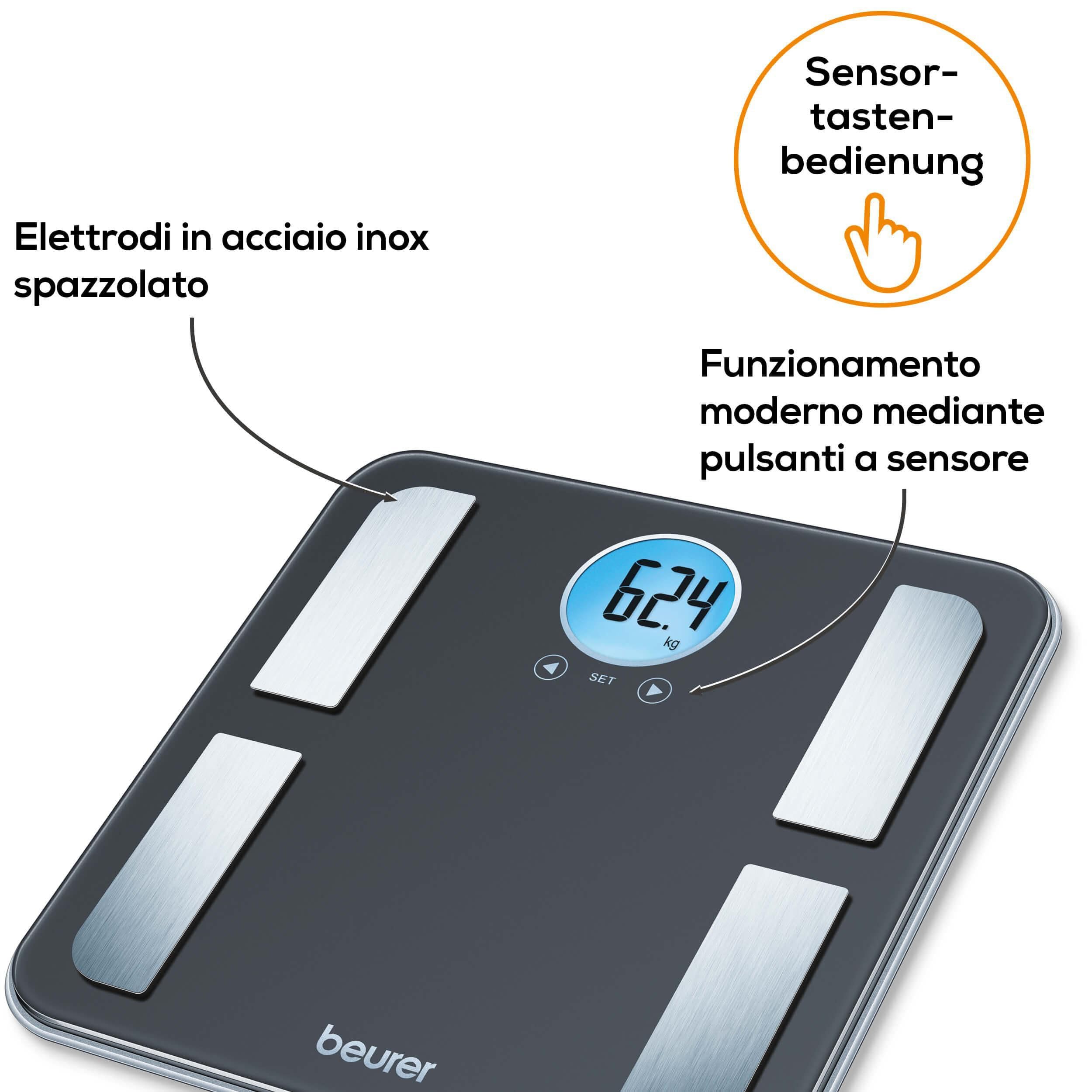 Beurer BF 195 Bilancia Diagnostica in Vetro, con Display LCD Rotondo, adatta per la determinazione del grasso corporeo, della percentuale muscolare e del fabbisogno calorico