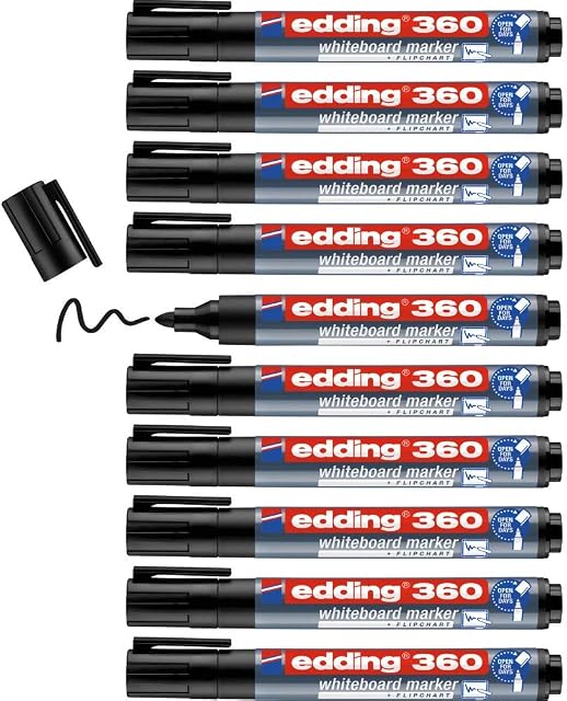 edding 360 whiteboard marker - black - 10 whiteboard pens - round tip 1.5-3 mm - whiteboard pen dry wipe - for whiteboards, flipcharts, pinboards, magnetic and memo boards - sketchnotes - refillable