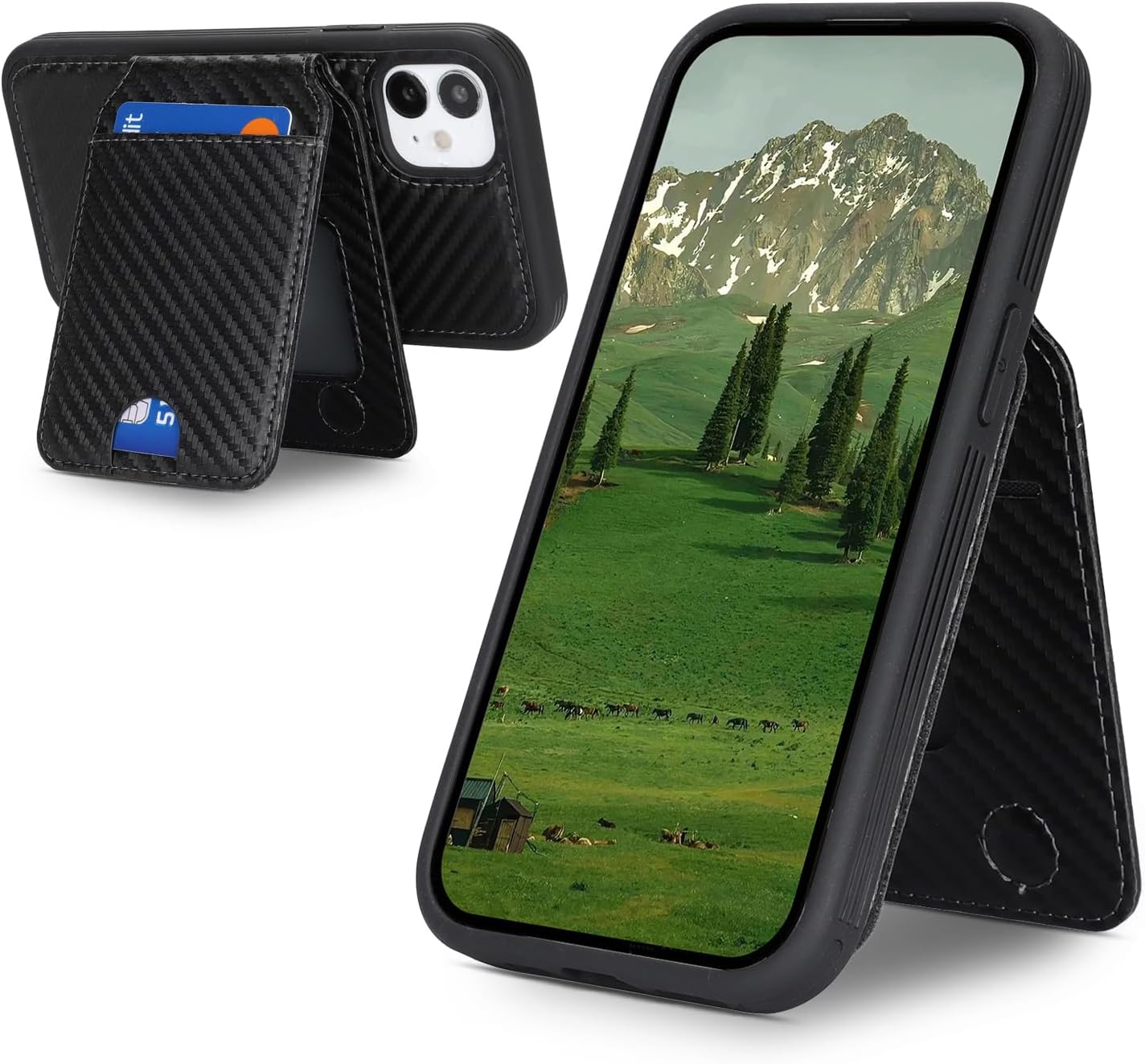 Ｈａｖａｙａ Magnetic Wallet Case for iPhone 11 - Detachable 2-in-1 Carbon Fiber Cover Compatible MagSafe，with Card Holder & Kickstand - Black