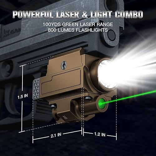 Miniatura 10 de Combo láser de pistola compacta de 800 lúmenes, color verde claro, linterna táctica brillante para pistola con riel Picatinny o GL, luz LED blanca