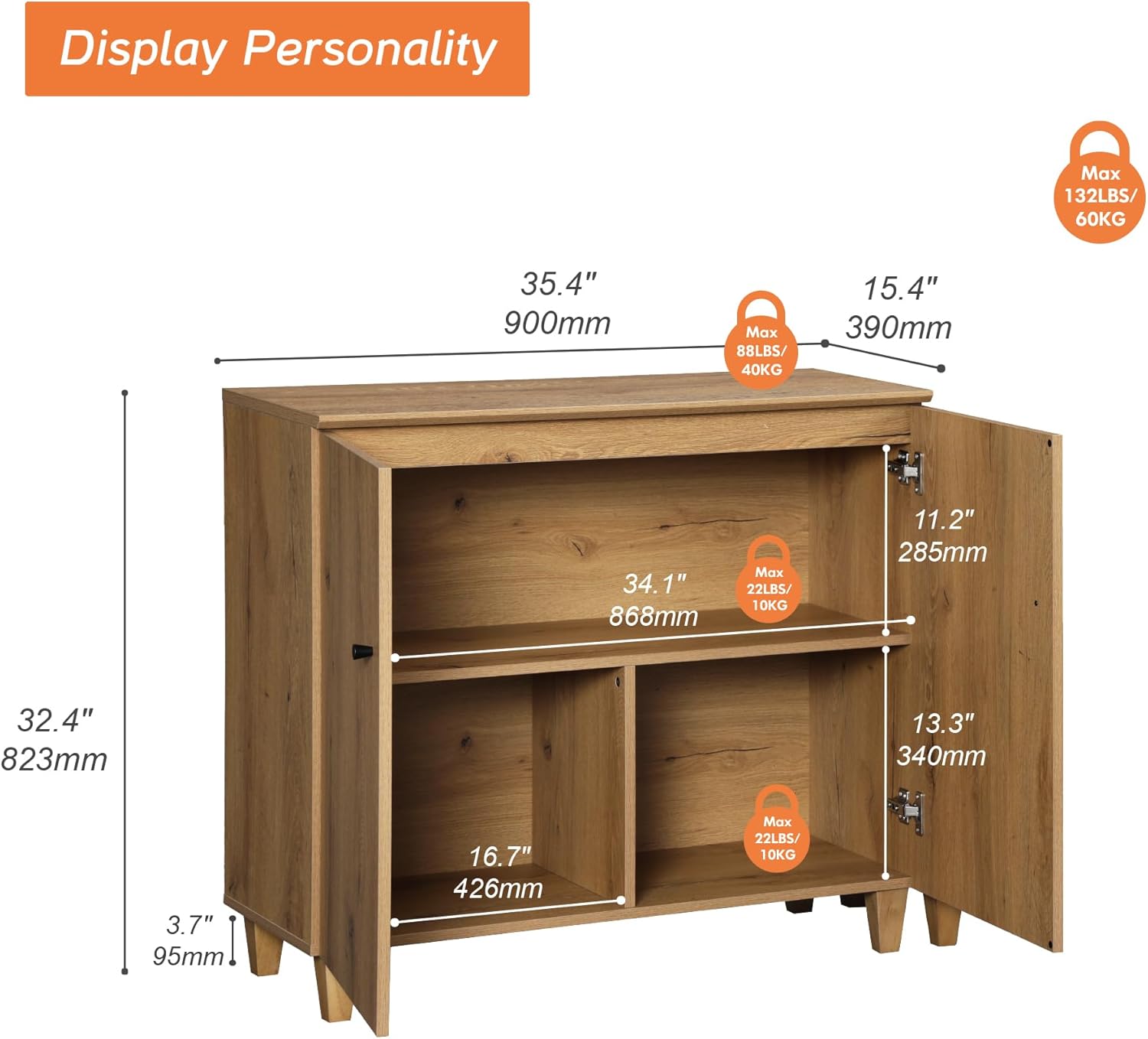 WAMPAT Sideboards Buffet Cabinet, 35.4" Wide Wooden Credenza Buffet Table with 2 Doors, Modern Kitchen Accent Cabinet with 3 Storage Compartments for Living Room, Hallway, Oak Brown