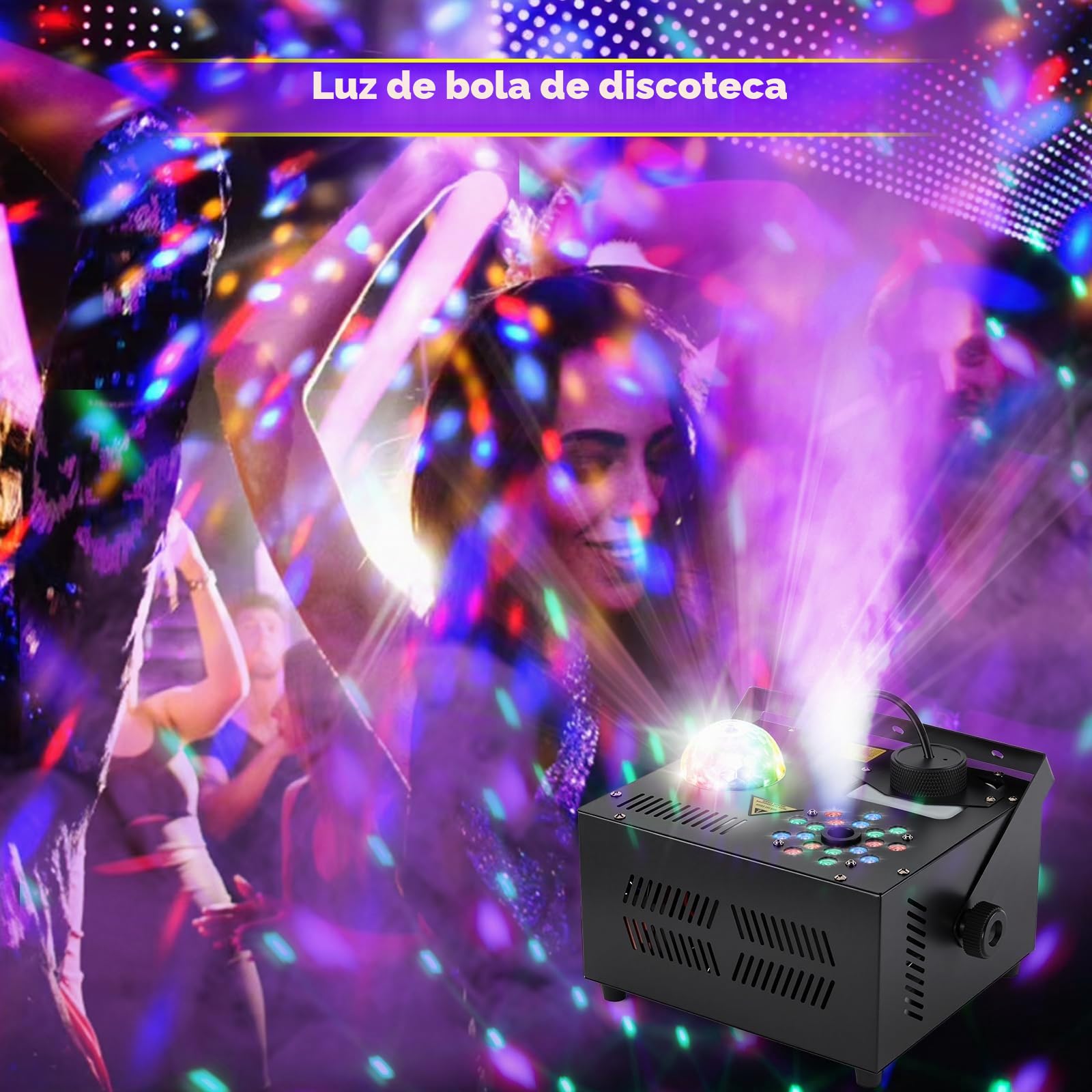 HAKUTA Máquina de Humo Vertical 1000W con 18 LED y Bola de Espejos | Efectos LED 12 Colores + 4 Modos Dinámicos, Niebla Vertical 2300 CFM, para Halloween, Navidad, Bodas, DJ, Discotecas