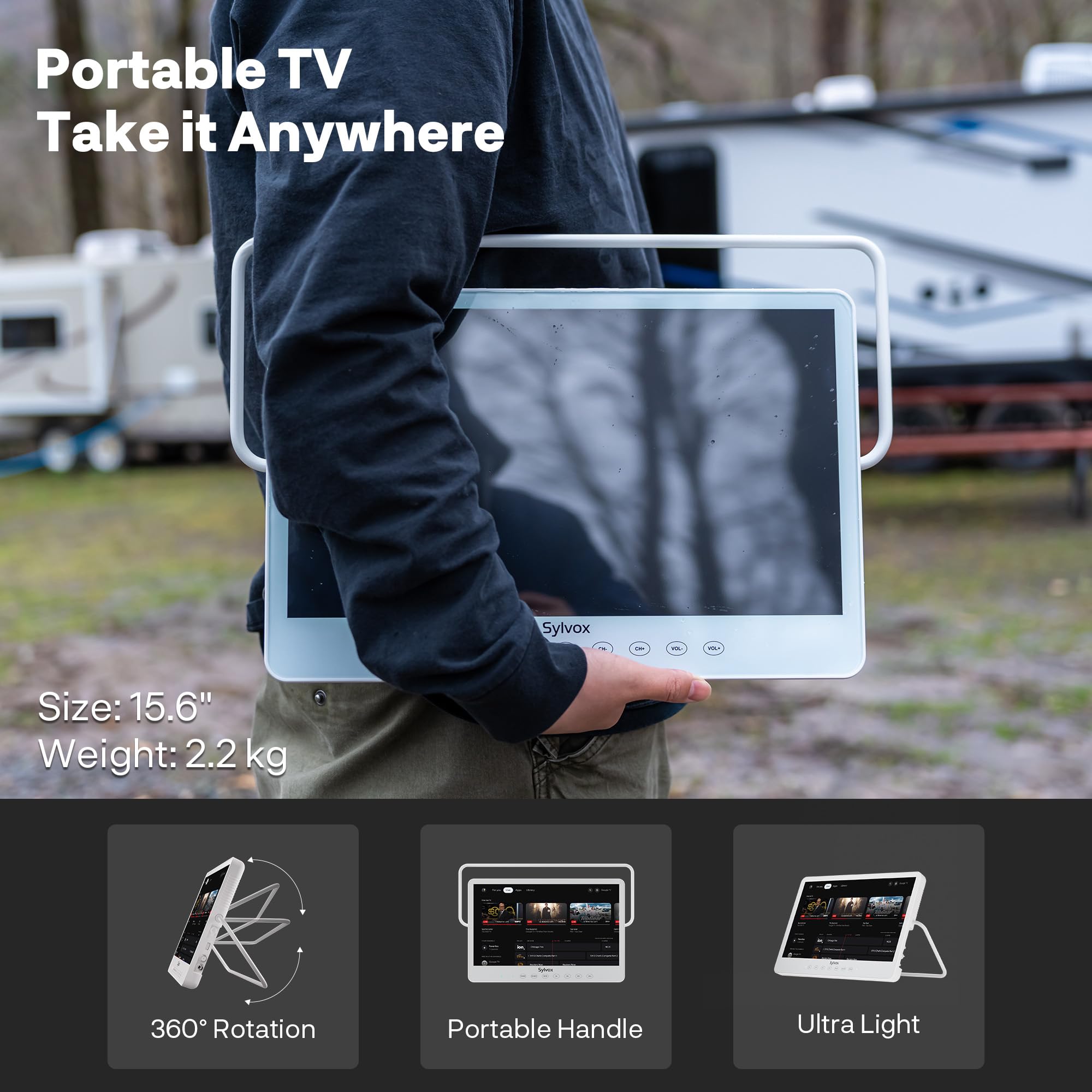 SYLVOX Televisor portátil de 15,6 pulgadas | Google TV, batería de 10000 mAh (6 h de tiempo de funcionamiento) | IP66 resistente al agua | USB, WiFi, Bluetooth | 12 V pequeño televisor exterior para