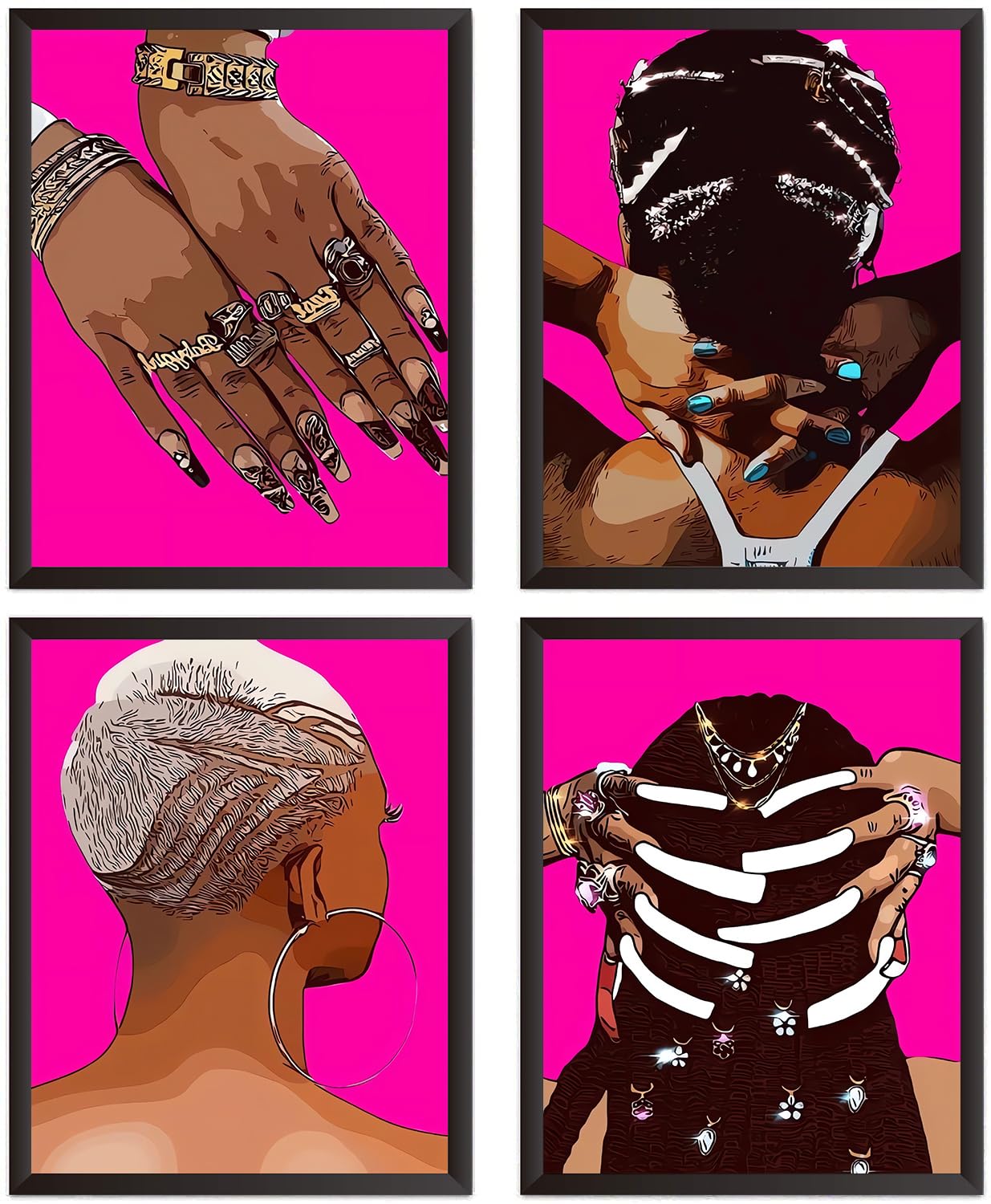 NIIORE African Americans Black Women Wall Art, Boho Art Fashion Black Girls Canvas Wall Art, Black Woman Beauty Art Prints for Girls Room Bedroom Bathroom Home Decor, Set of 4 (8''x10'' Unframed)