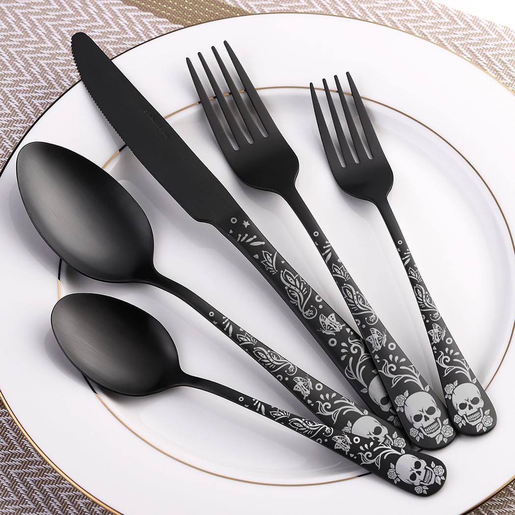 XIAOYU 20 Piece Black Bizarre Skull Flatware Set, Gothic Matte Silverware Set Serving for 4, Unique Skull/Flower/Butterfly Pattern Design, Halloween Cutlery Set Festival Tableware Utensils