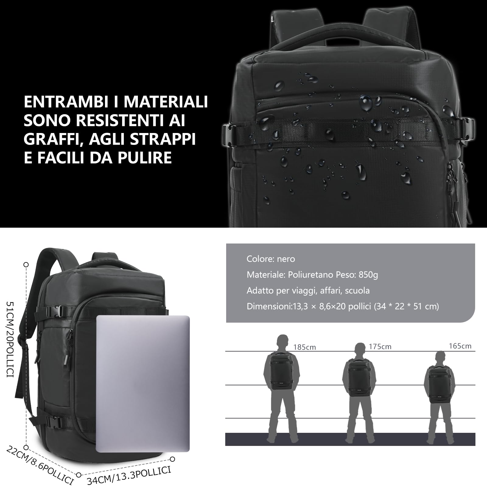 Zaino da viaggio sottovuoto per computer portatile: da uomo grande zaino da viaggio aeroplano cabin 17,3 pollici PC impermeabile zaino zaino zaino 57L borsa con pompa per viaggio, business outdoor