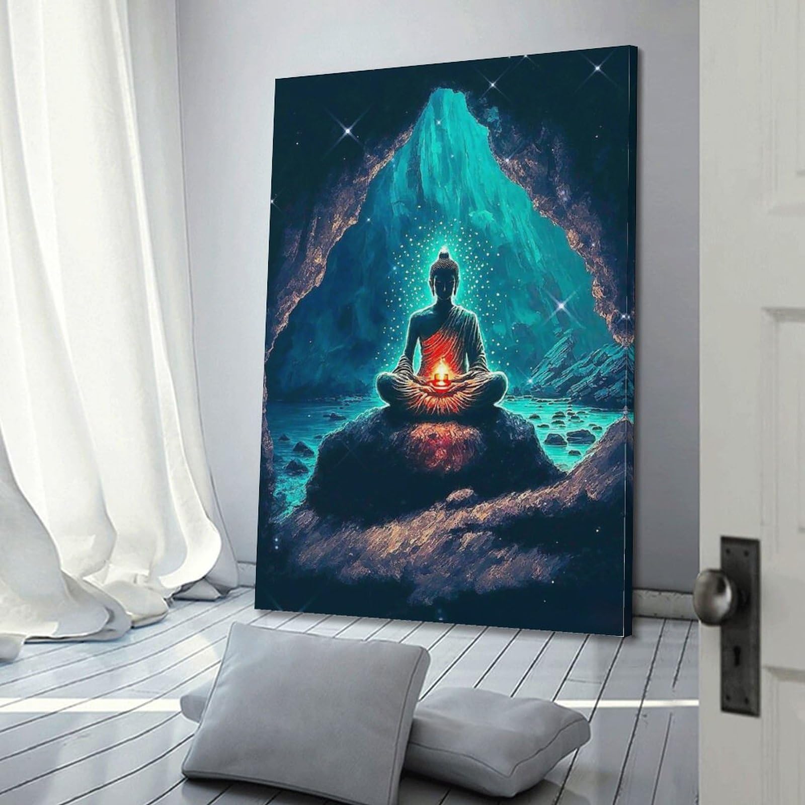 YBHF Poster zen con Buddha che medita nello spazio, stampa artistica da parete, stile retrò, decorazione estetica per la stanza dell'ufficio, 20 x 30 cm, con cornice