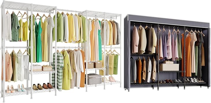 Higeego H5 Pro Garment Rack & H8 Clothes Rack with Cover, Black Clothing Rack for Hanging Clothes, Portable Closet with Grey Cover