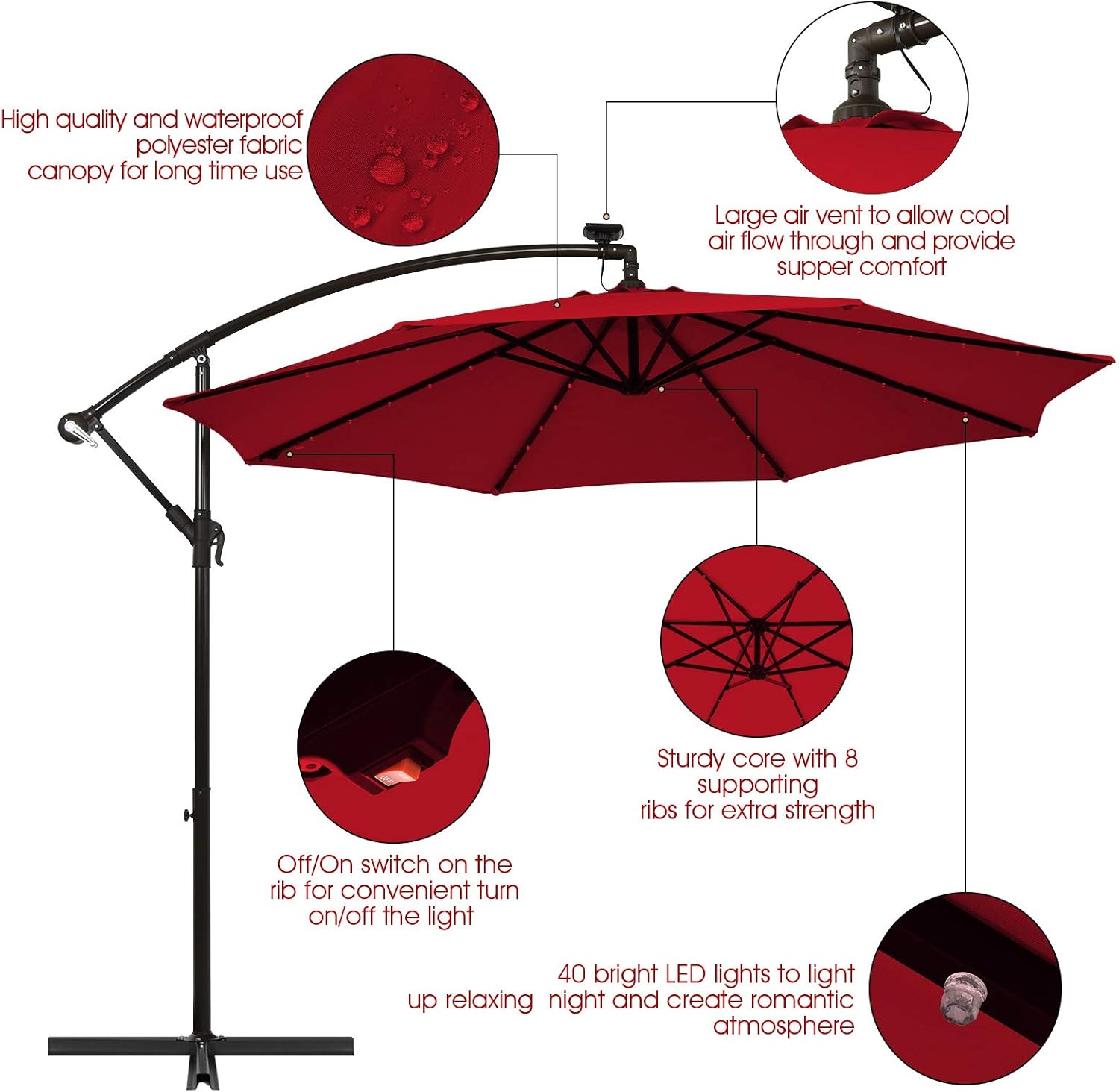 Tangkula 10 Ft Patio Offset Umbrella, 40 LED Lighted Market Umbrella W/8 Sturdy Ribs, Easy Tilt Adjustment & Crank, Polyester Shade, Ideal for Backyard, Garden, Seaside, Store, Pool (Burgundy)