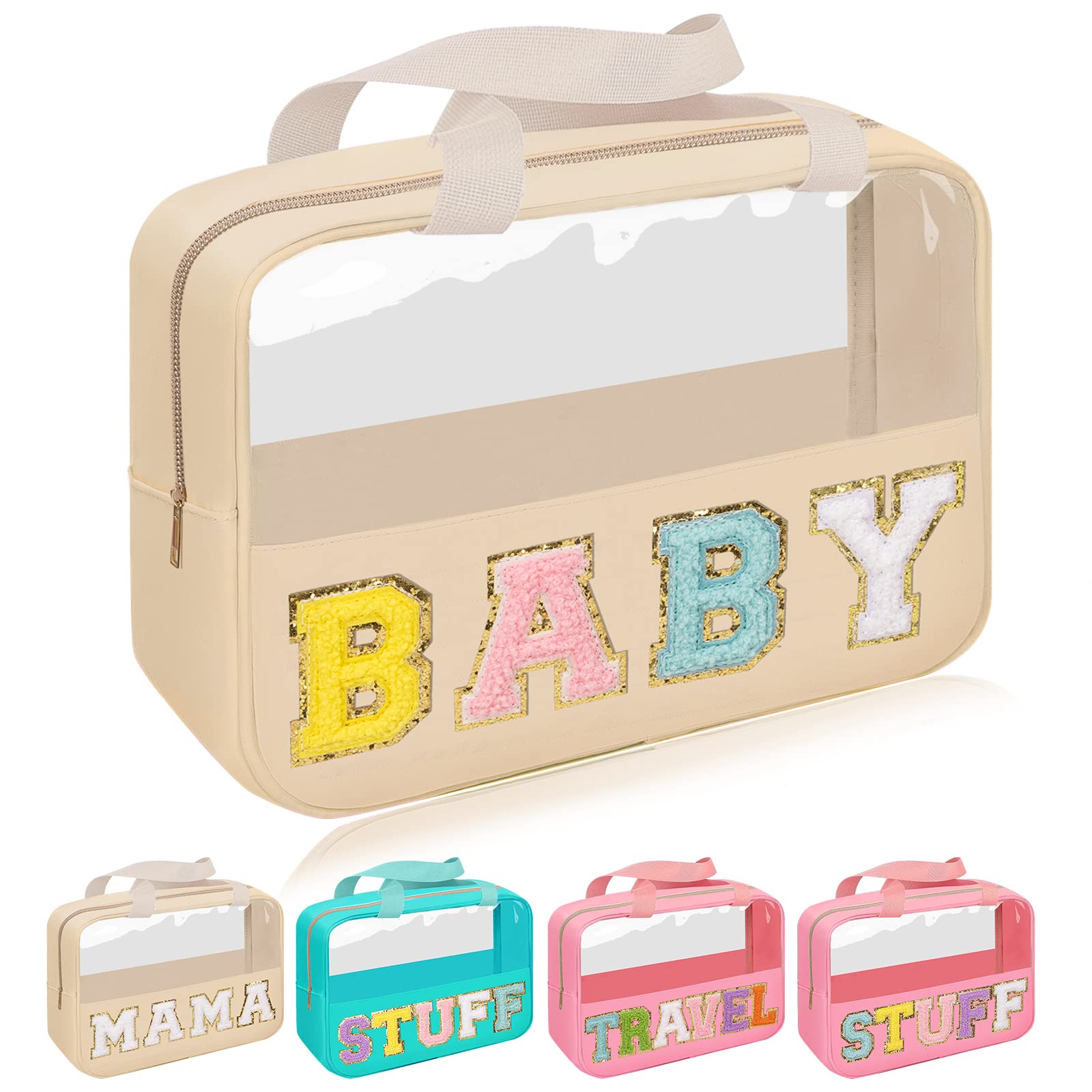 Iqimott Chenille Letter Patch Baby Bag, Preppy Clear Makeup Cosmetic Bag Large Toiletry Storage Tote Bag with Handle, Transparent Nylon Waterproof