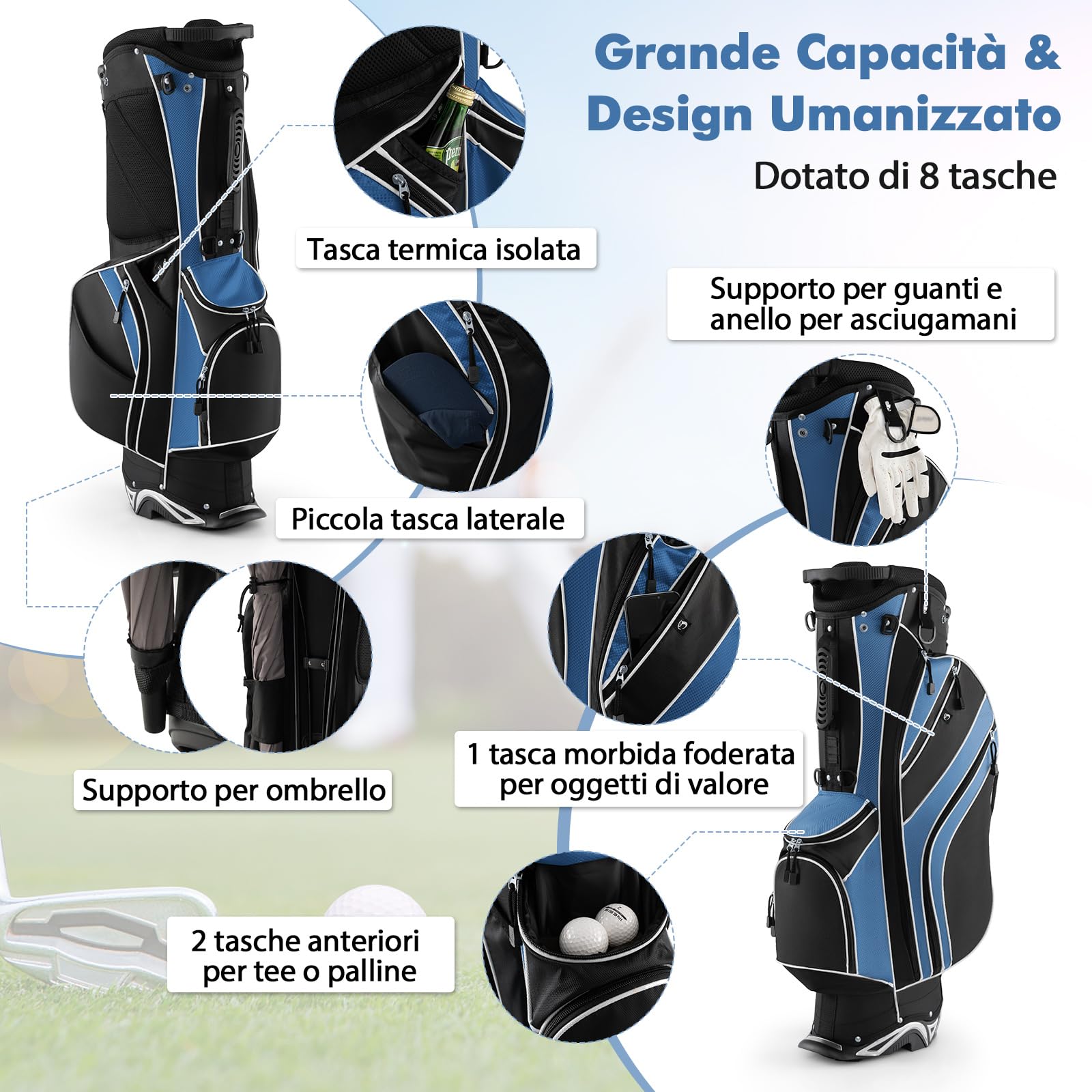 COSTWAY Borsa da Golf con Supporto, Sacca per Mazze da Golf con 6 Divisori, 7 Tasche con Cerniera Incluse Borsa Termica, Portaombrelli, Borsa da Golf Leggera e Portatile con Tracolla (Blu)