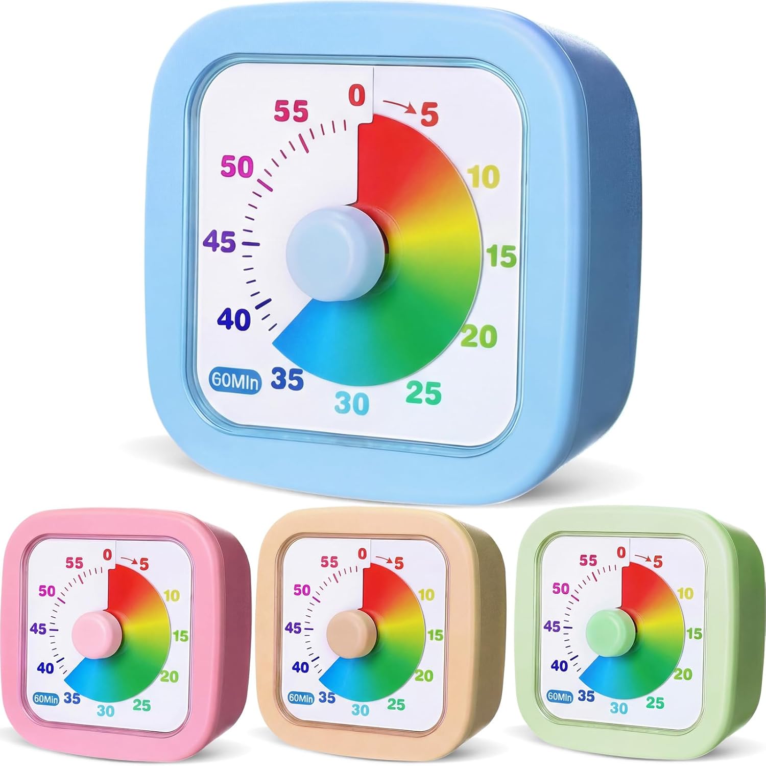 4 Pack Visual Timer 60 Minute Countdown Timer Colored Countdown Clock for Homeschool Supplies Study Tool, Classroom Home Office Time Management Tool(Rainbow,Purple, Blue, Pink, Green)