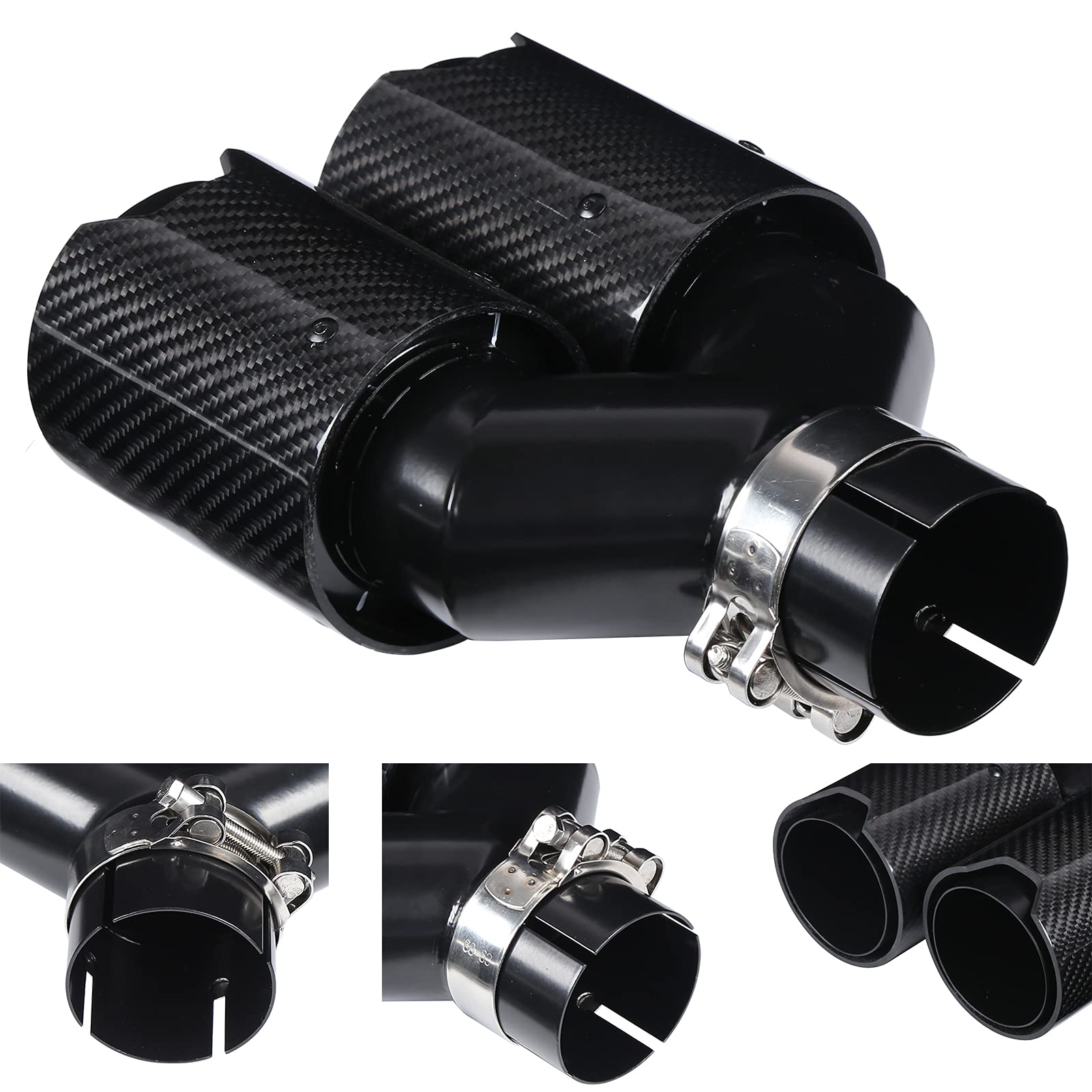 Tip Tuyau D'Échappement de Voiture En Acier Inoxydable 63‑93 Mm En Forme De Y 1‑In‑2‑Out Côté Droit Double Sortie D'Échappement En Fibre De Carbone Noire Pour Performance M