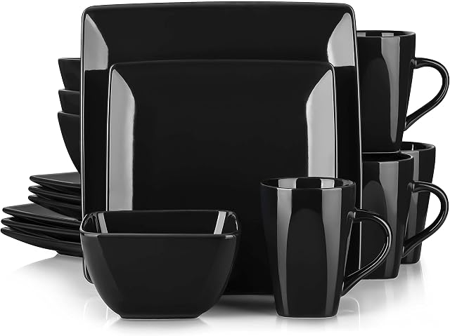 vancasso Soho Stoneware Square Dinner Set Black 16 Piece Kitchen Dinnerware Service Plate Crockery Set with 16-Piece Dinner Plates, Dessert Plate,Bowls and Mugs, Service for 4