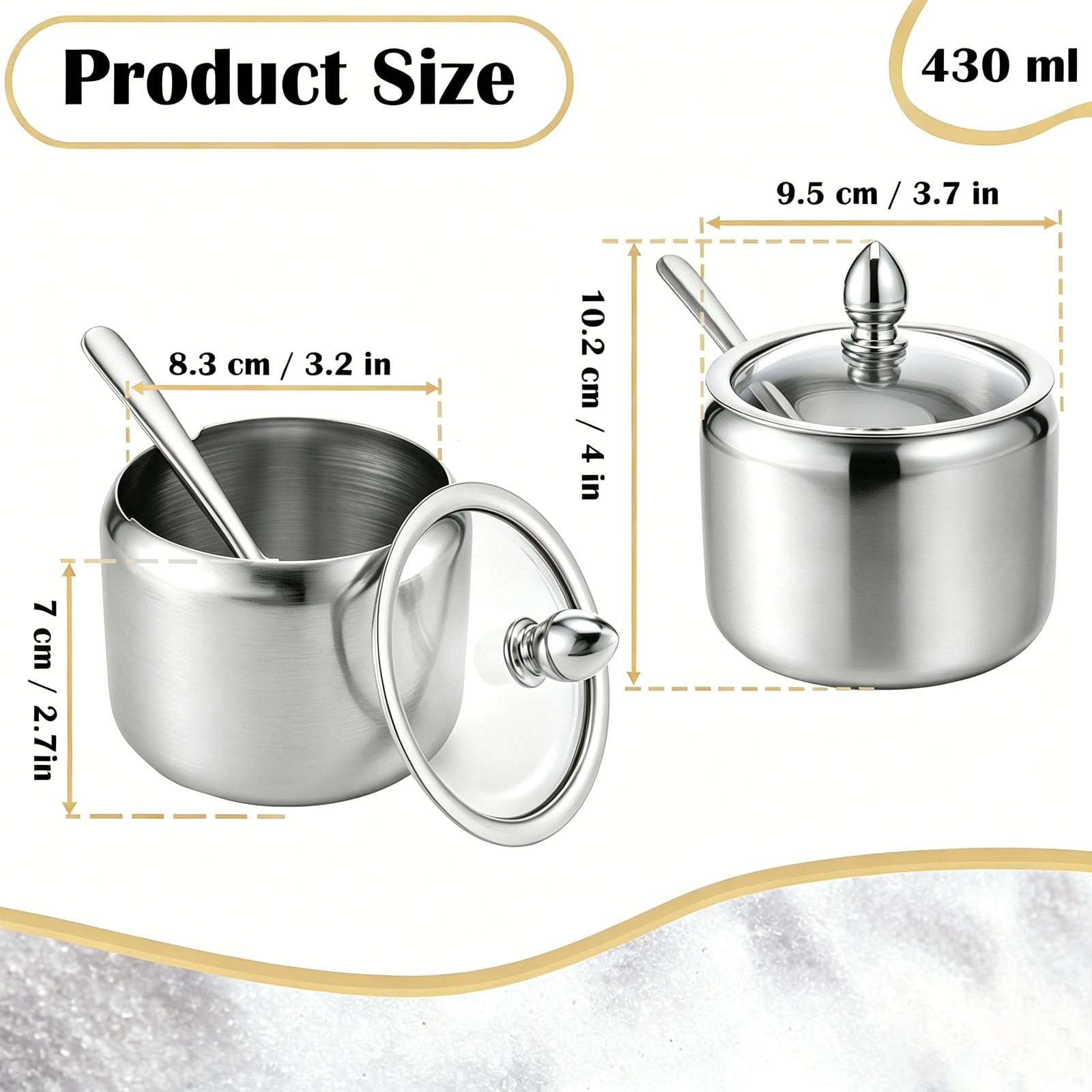 2 szt. Cukiernica ze stali nierdzewnej z pokrywką i łyżką, 430 ml cukiernica, akcesoria do kawy, akcesoria kuchenne, do przypraw, herbaty, pieprzu (srebrny)