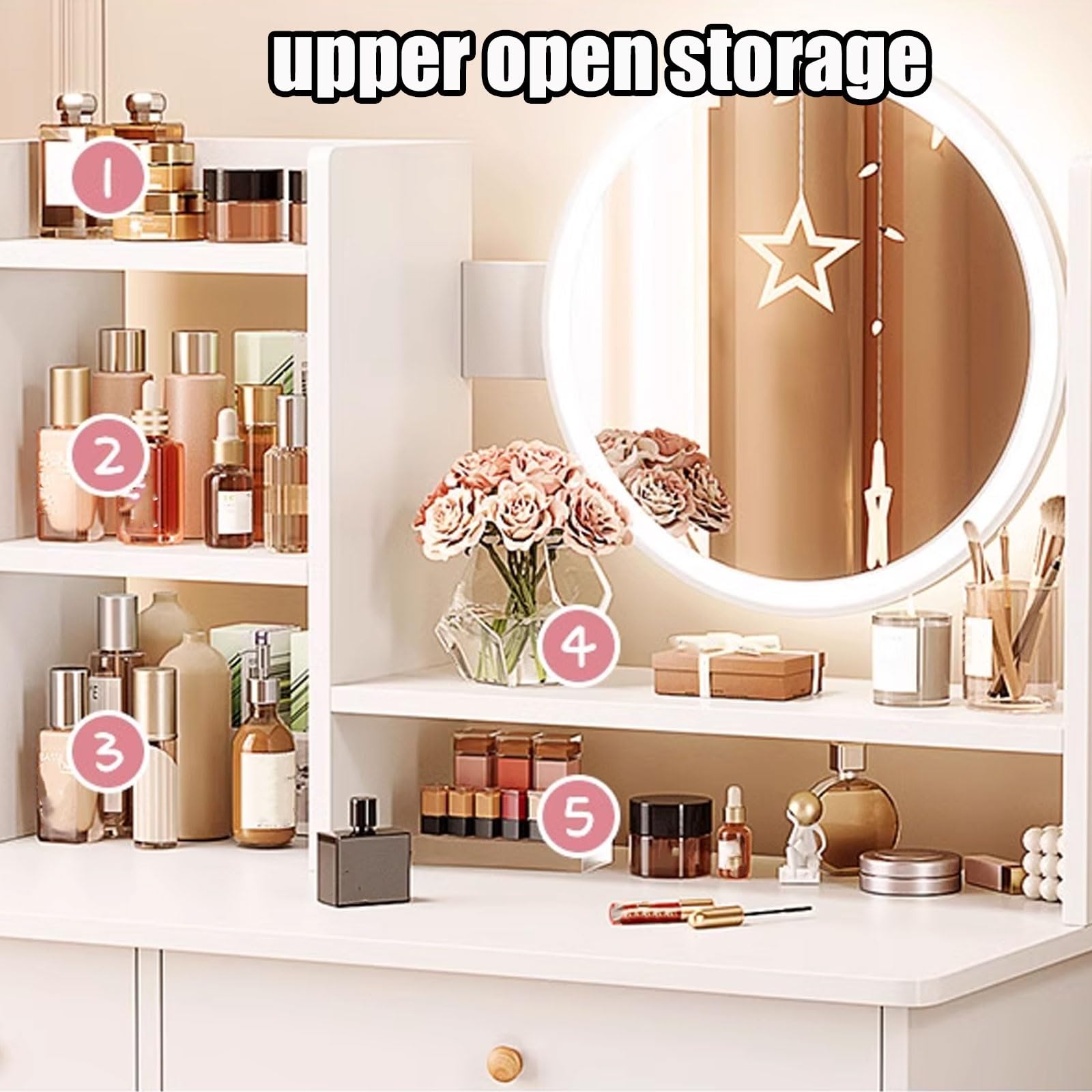Set da trucco illuminato con sgabello, spazioso tavolo da trucco 80 x 34 x 125 cm, 2 cassetti, design elegante in bianco caldo, per amanti della bellezza e appassionati di trucco